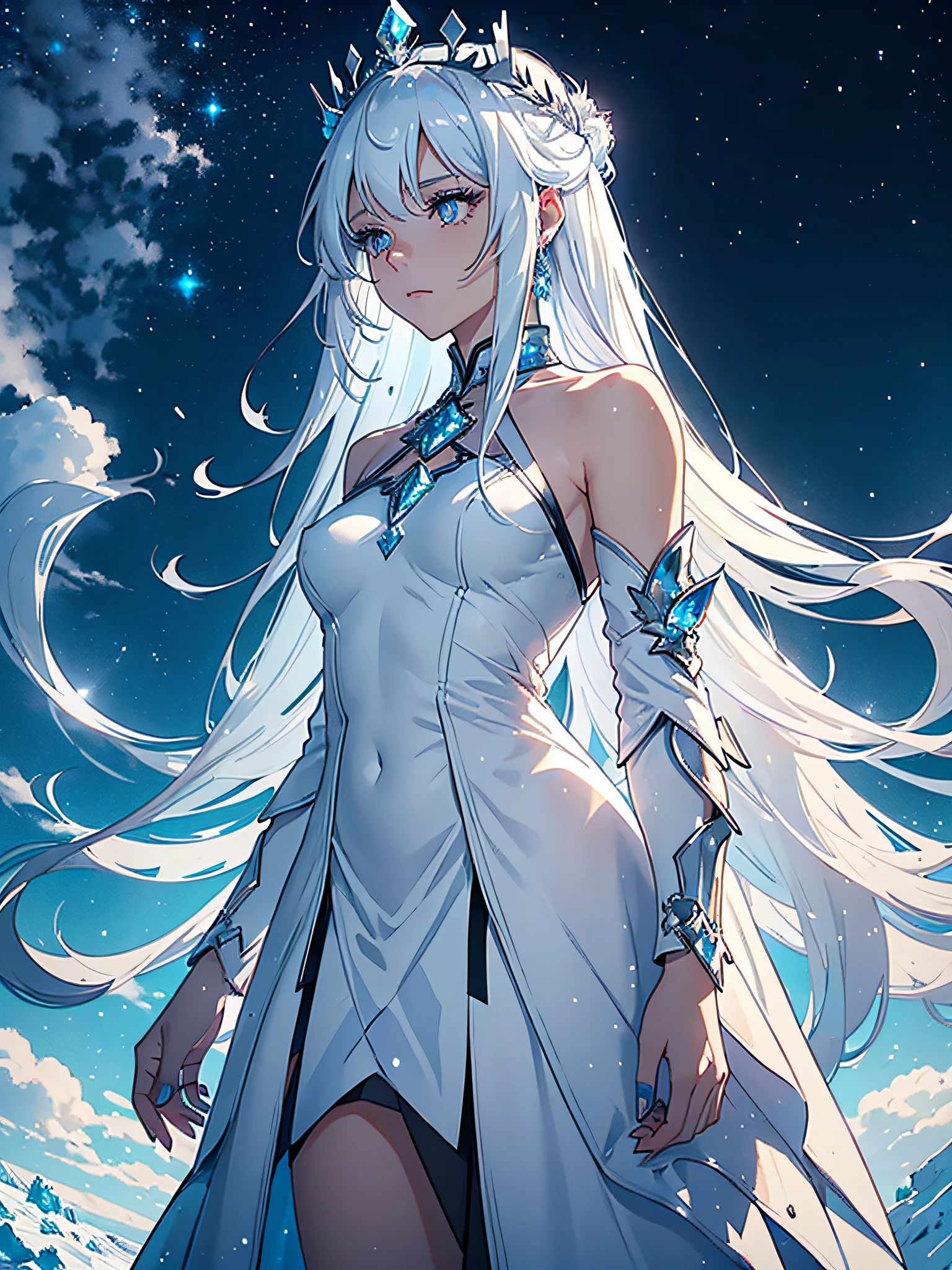 a girl in profile with long white hair, white silos, white eyes, ice crown, queen's crown, ice queen, snowing, few clothes, ice clothes with white, glittering stones all over her body, ice tattoo, lots of tone blue and white, (ultra-realistic), {extremely detailed CG unit 8k wallpaper}, Expansive landscape photography, (a bottom view that focuses on the character, expansive open field view), (low-angle shot), (high light: 1.0), (low light: 1.5), (warm light source: 0.5), complex details, (Iridescent colors: 1.5), (bright lighting), (atmospheric lighting), dreamy, magical, surrealistic, (solo: 0.5)