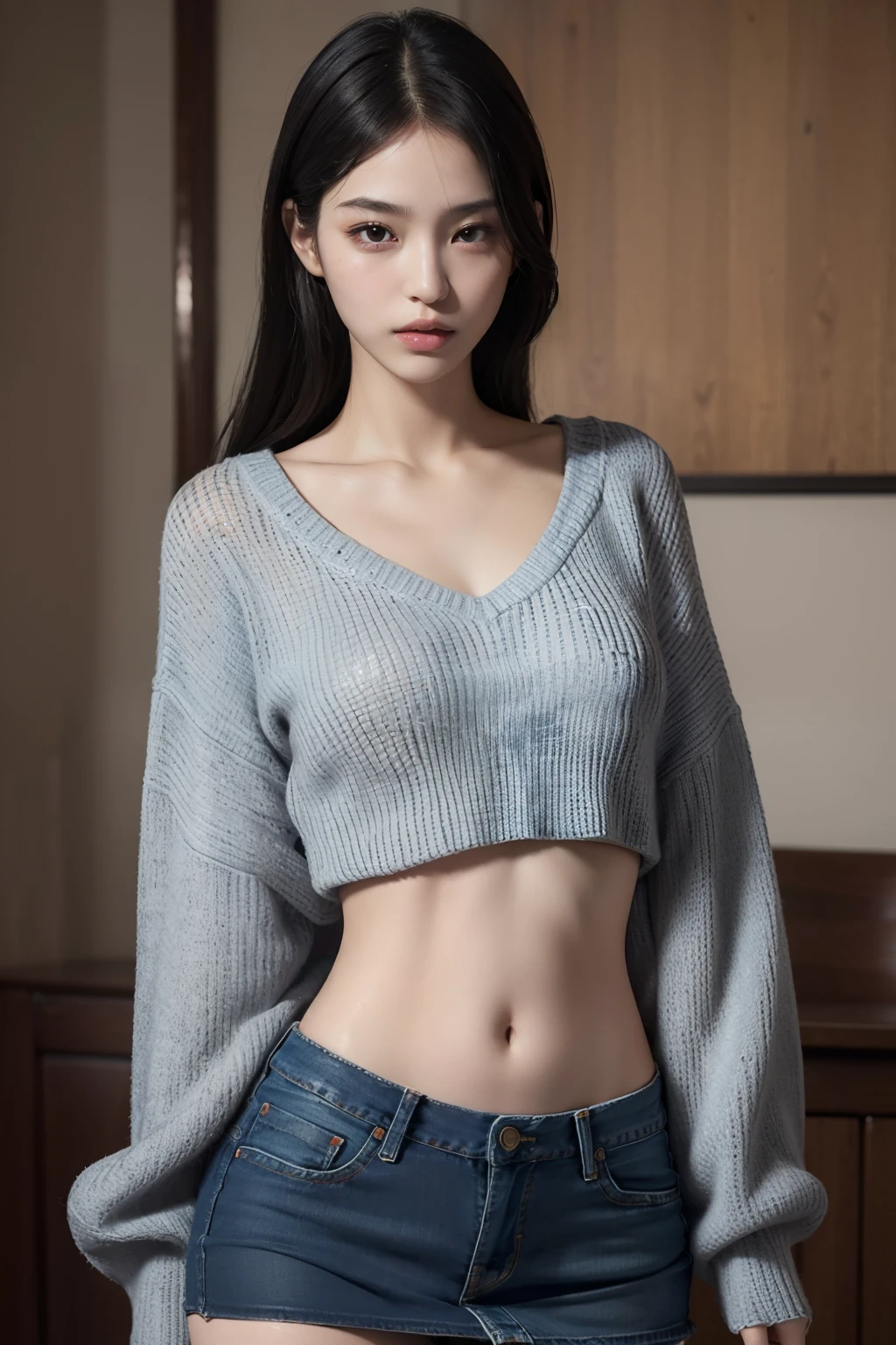 most((open abdomen))、((Mid-Riff Sweater))、((Ultra low-rise denim miniskirt))、((Navel Ejection))、full body Esbian、is standing、A slender、1girl in,Solo,nffsw,Realistic,fullllbody,Black hair,Long hair,Black eyes,Lips,Parted lips,,Portrait,Nose,Best Quality,masutepiece,超A high resolution,(Photorealistic:1.4),Raw photo,、Beautiful expression、(Lifelike face)、（real looking skin）、Beautiful skins、