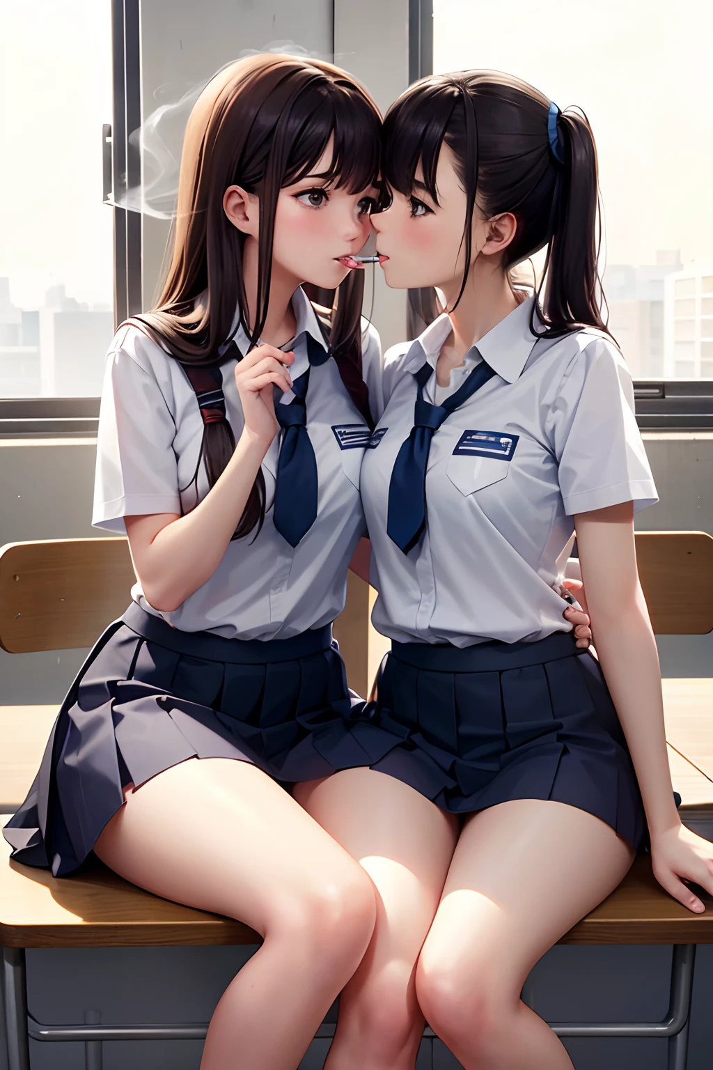 girls kissing in class, in school uniform, smoking, 8K, abusurdres, high res, ultrahd