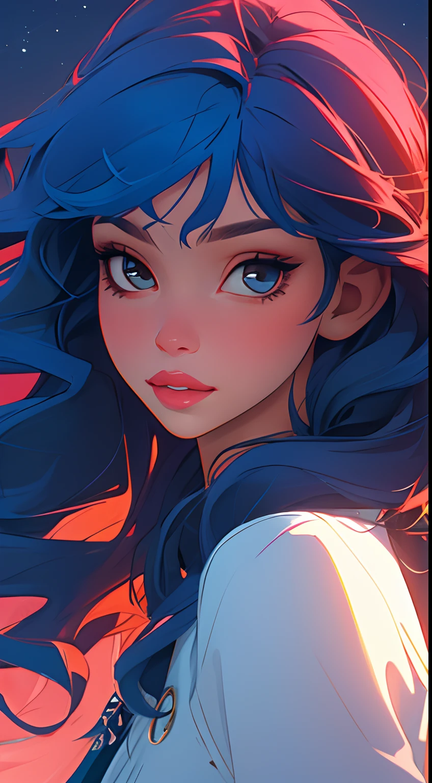 (Masterpiece:1.2), (Best Quality:1.2), night time, (looking a viewer), Bright skin, exteriors, fringe, long bright blue hair, (Wavy Hair), soft lips, glossy lips, Highly detailed, (semi-realistic:1.2), red hair