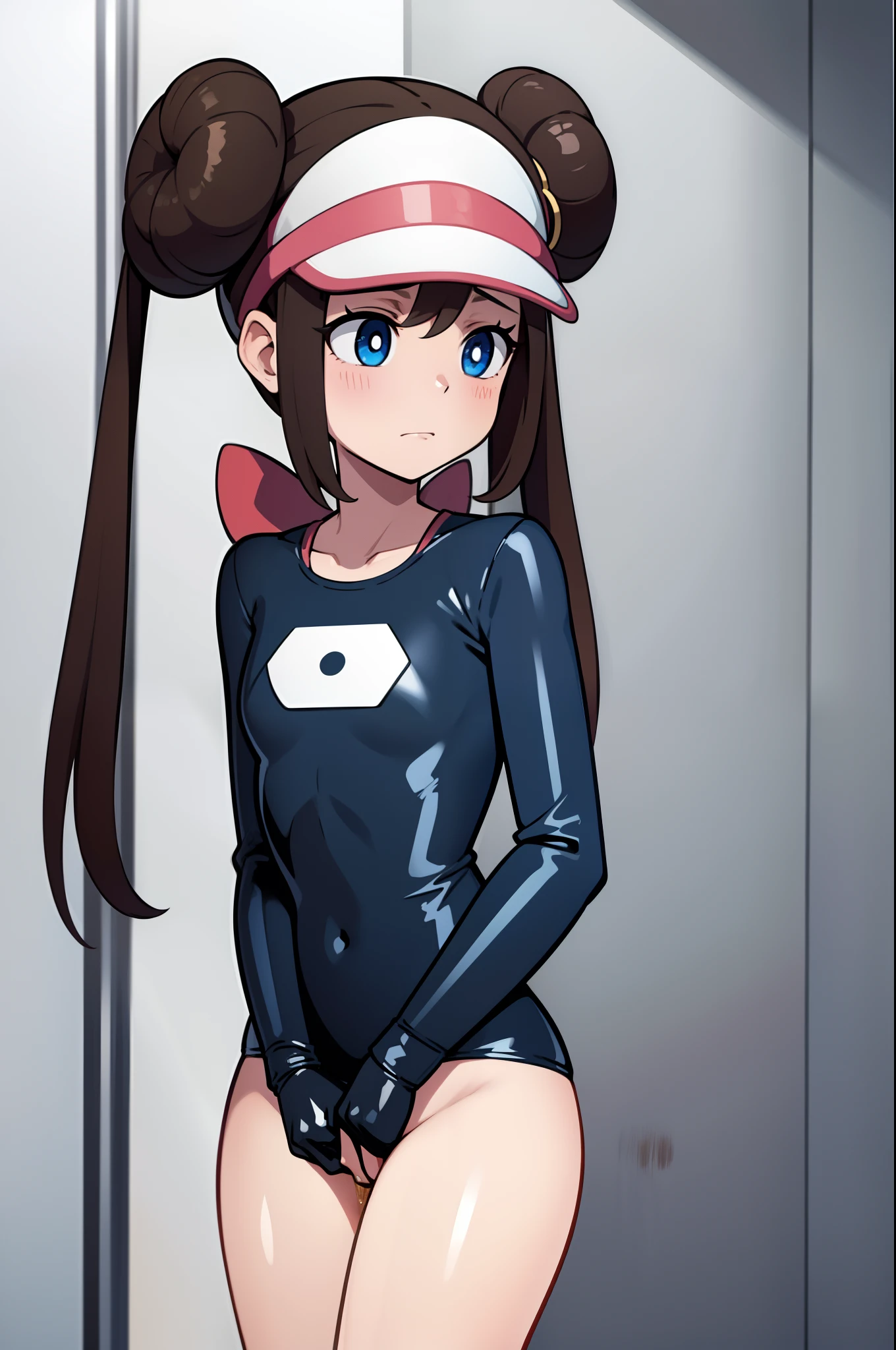 perfect body, One girl with long hair and dress、One girl takes to the bathroom、Look away、is standing、embarrassed from、Blushing, Keep your mouth shut、a street(Girl is peeing):0.4)、Liquid from the crotch, shiny black latex one-piece swimsuit, shiny black latex swimsuit, shiny latex, ro1, hair bun, blue eyes, twintails, visor cap