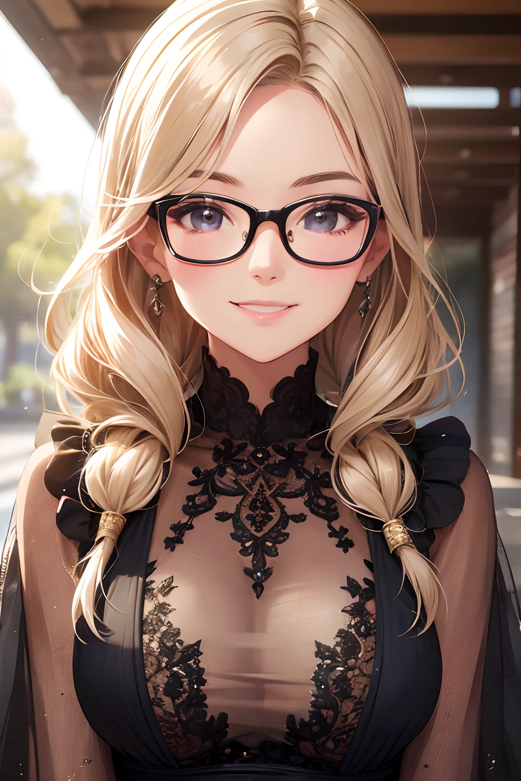A face closeup shot of a cute, brokeh background, soft lighting, wear glasses, flirting smile, looking to viewers,, natural hair, fashionable hairstyles, in the style of glamour, Australian inspired, spectacular backdrops, uhd image, John La Farge, elegantly formal, highly detailed, high quality
