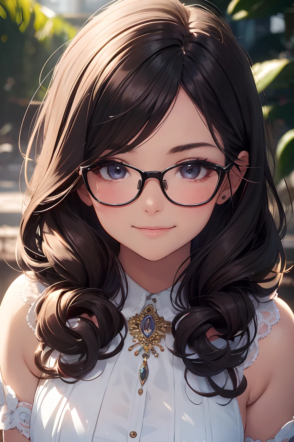 ultra-detailliert, Best Quality, High resolution, ((A petite, black-haired, cute girl with a big face looks up.))、Pretty eyes、Detailed eye depiction、Eye sparkle、Sareme、Looking at Viewer, pale skin、(((Petite))), (nude)、(flat chest), (big glasses), (blush:1.2), (big eye:1.5), Shy smile, NSFW, Under the cherry tree, Focus on the face, Long hair with braids, ((Super close-up of the face))、from above