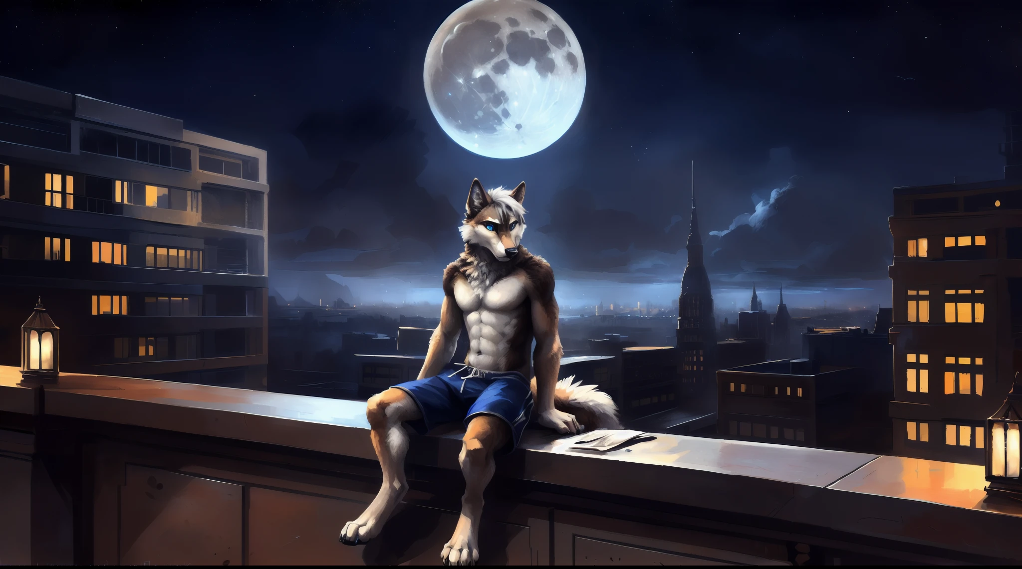 ((Solo)), male people, anthro wolf, (Multi-colored fur, White-brown:1.3), ((Wolf face, White hair, Big eyes, White eyelids, Blue pupil, Slim:1.2) (Tough, Calm expression:1.2)), Abs, Slim, pinging)), (Correct anatomy), (Work shorts:1.1), (Contour bone:1.2), The upper body is naked, (detailed outfits),A big tail,Feet,Longer legs,(Realistic fur, Detailed fur texture, labeled:1.3)), (Natural lighting), Photorealistic, Hyperrealistic, ultradetailed, by Kenket,In the modern city,Roof,the night,Sit alone,Look at the full moon,It was dark,Starry
