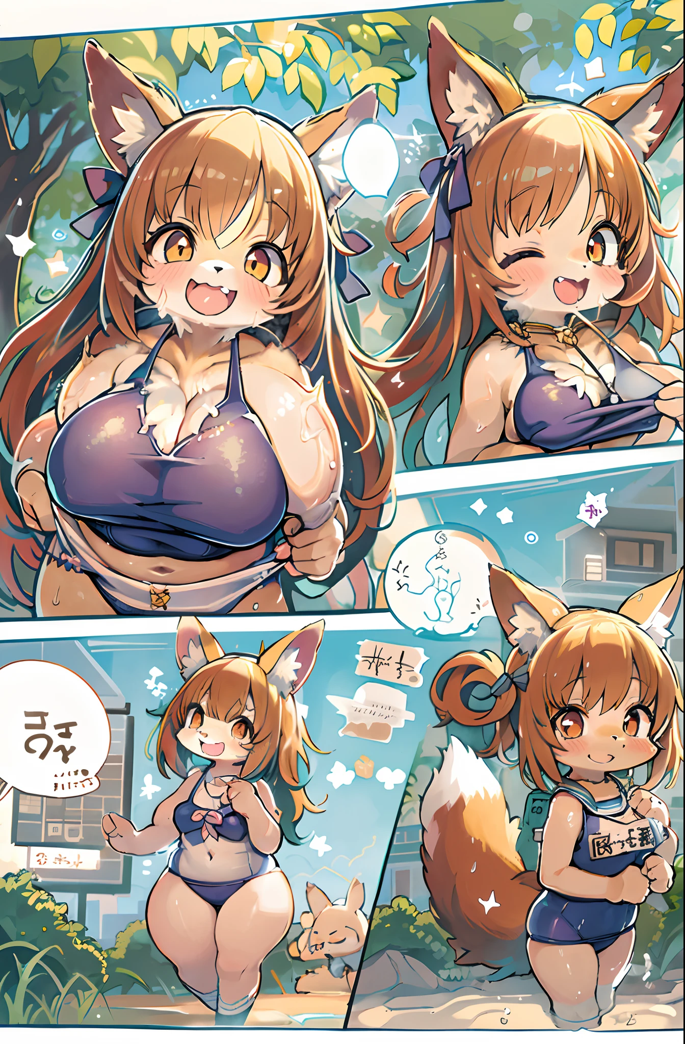 Fox Woman、1girl in、body covered with fur、huge-breasted、kawaii、(((School swim wear)))、summer day、From below、A big smile、bbw,Chibi,
