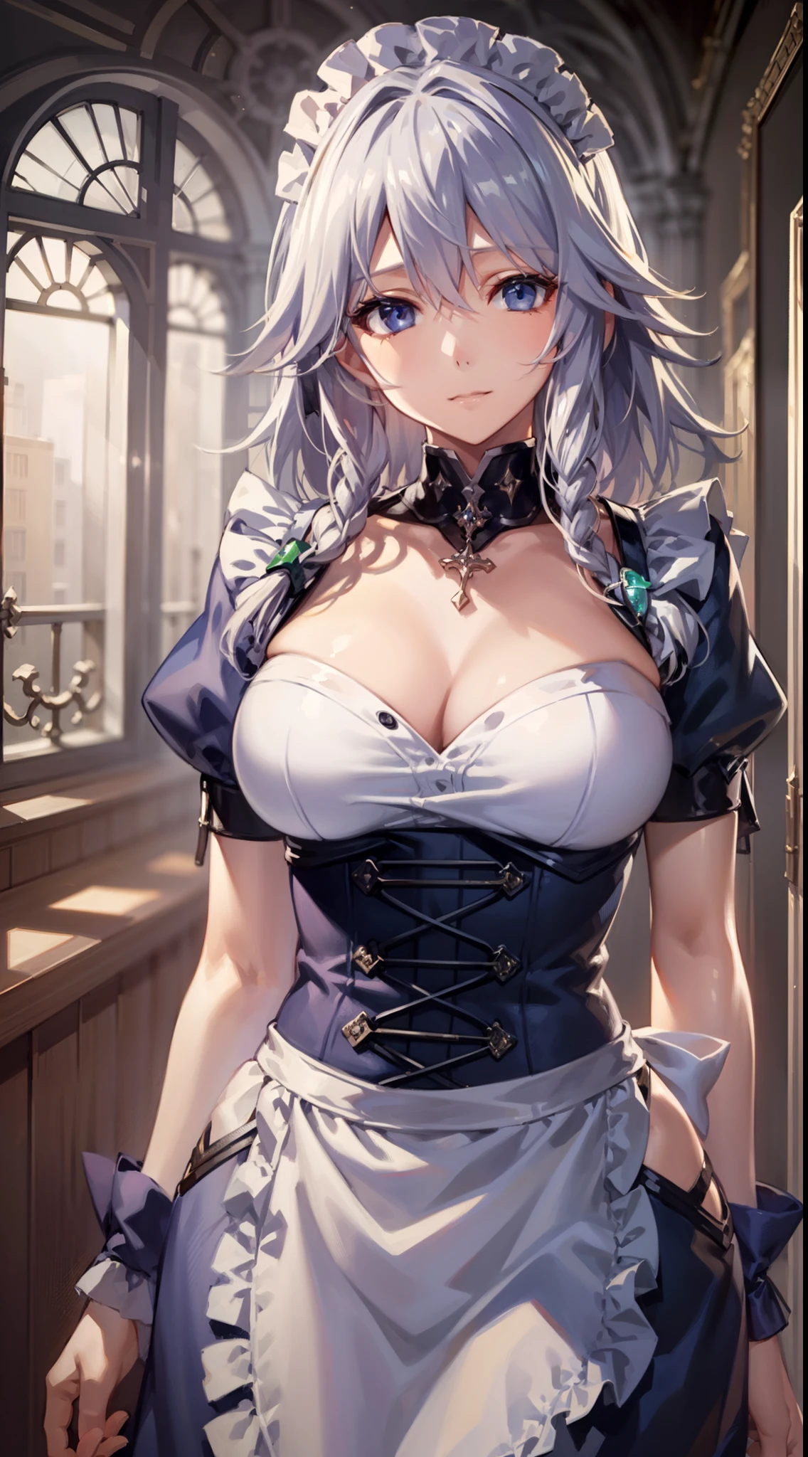 (Unity 16K Wallpaper, masutepiece, Best Quality, Ultra-detailed, extremely details CG, Cinematic lighting, Detailed, Beautiful detailed eyes, Solo),超A high resolution,Fine skin,A sexy,maid, maid apronl, Maid headdress,