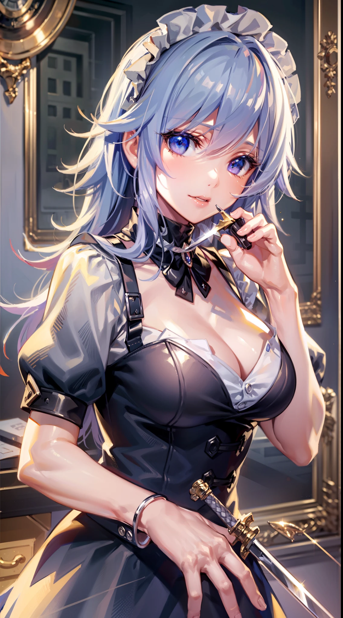 (Unity 16K Wallpaper, masutepiece, Best Quality, Ultra-detailed, extremely details CG, Cinematic lighting, Detailed, Beautiful detailed eyes, Solo),超A high resolution,Fine skin,A sexy,maid, maid apronl, Maid headdress,Holding a knife