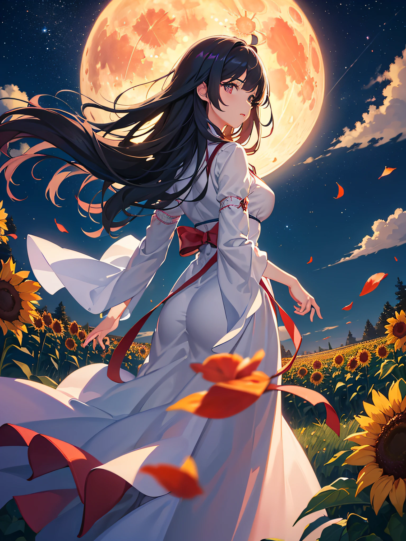 a large field of scarlet sunflowers with petals being carried by the wind, (full moon: 1.4), Purple and orange clouds, trees in autumn, BREAK, girl looking at the sky, best color palettes, (ultra-realistic), {extremely detailed CG unit 8k wallpaper}, Expansive landscape photography, (a view from below that shows the sky above and focus on the landscape, expansive open field view), (low-angle shot), (high light: 1.7), ( low light: 1.5), (warm light source: 1.4), complex details, (Iridescent colors: 1.5), (bright lighting), (atmospheric lighting), dreamy, magical, landscape