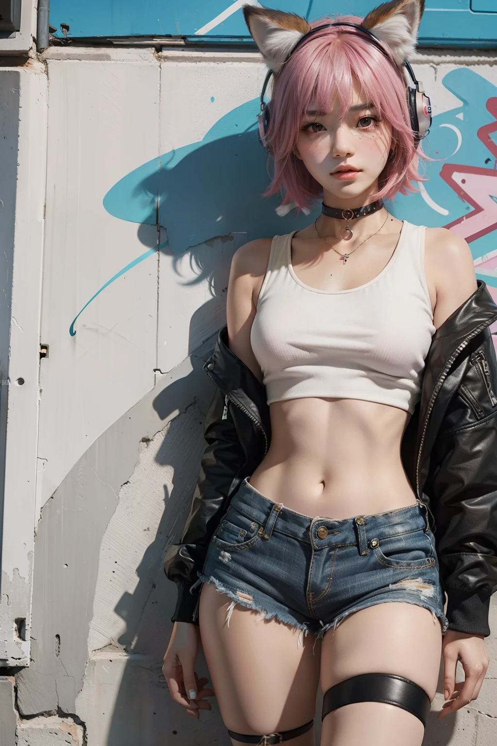 (masterpiece), (best quality), 8k resolution, 1girl, Asian girl, stunning beauty, perfect face, mature female, 20yo, fox ears, full body, wearing headphone, pink short hair, crop-top, short shorts, choker, leg strap, graffiti