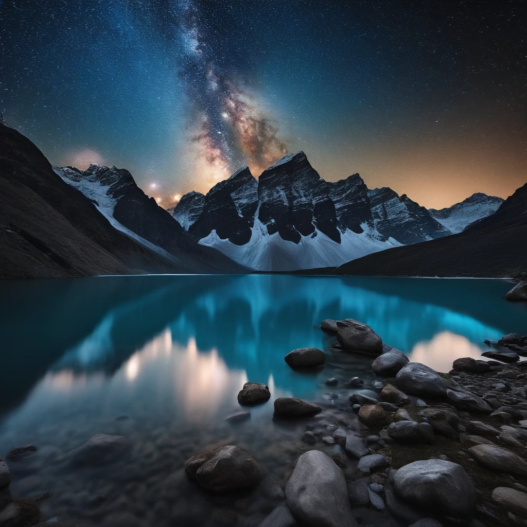 Master Parts、Superior Quality、superior image quality、The 8k quality、Beautiful pictures of the starry sky、magnifica、Arched Milky Way:1.9、Himalayas、Blue glowing lake:1.9