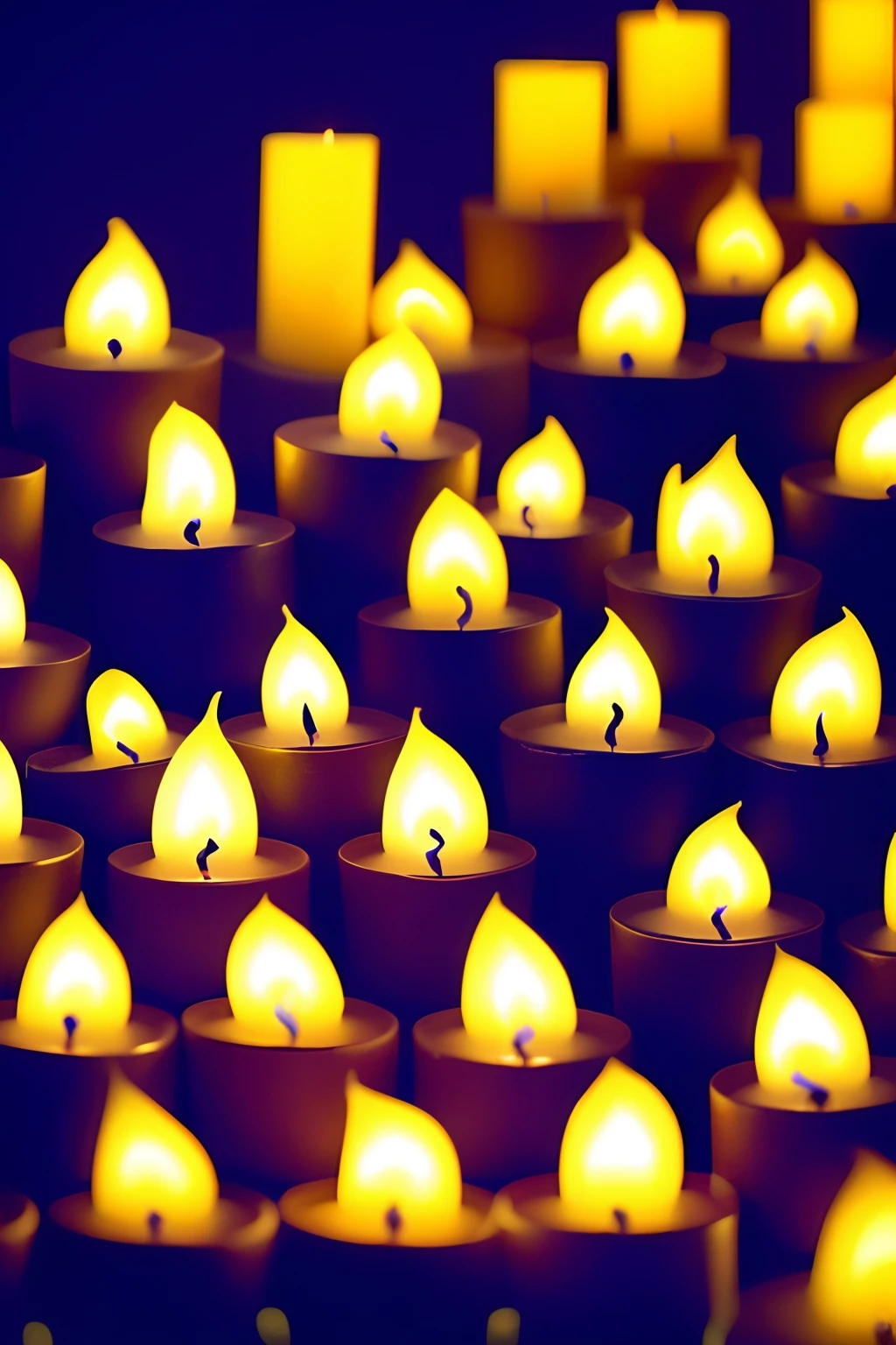 many candles lit in the dark. yellow candles on dark background.