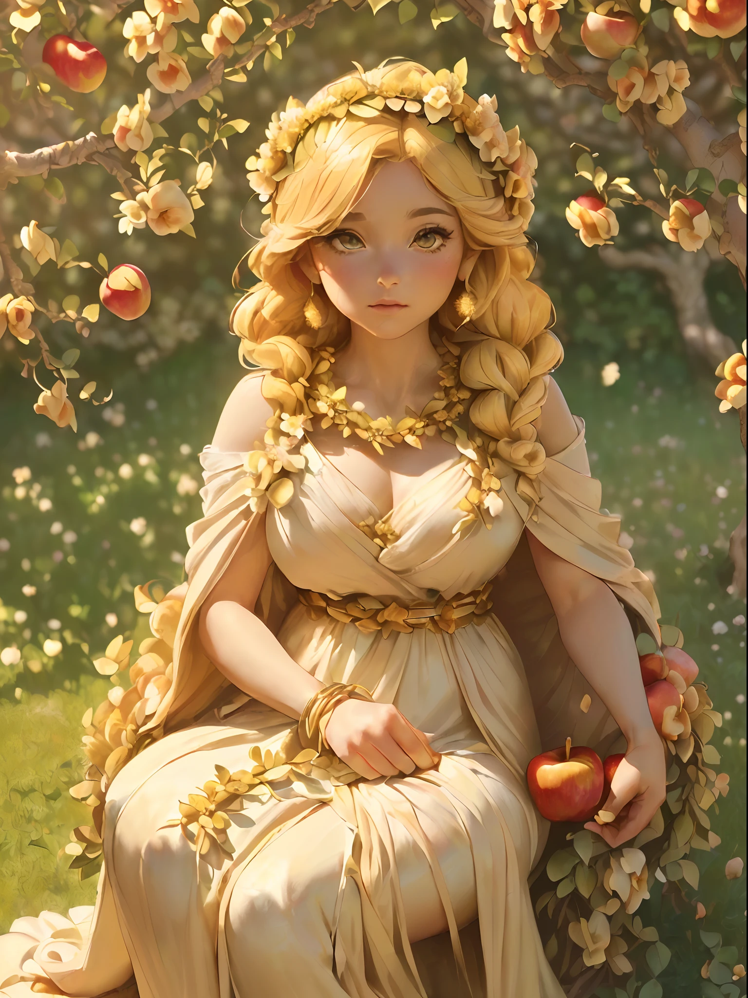 ((Greek Goddess of fertility wearing a long, flowing robe known as a ((chiton.)), ((wearing a wreath of flowers)), ((blonde hair)), ((she is sitting at a flower garden under an apple tree)), shiny jewelry, flikering light, low sunlight, best quality, 8K, masterpiece, clear and concise, very detailed