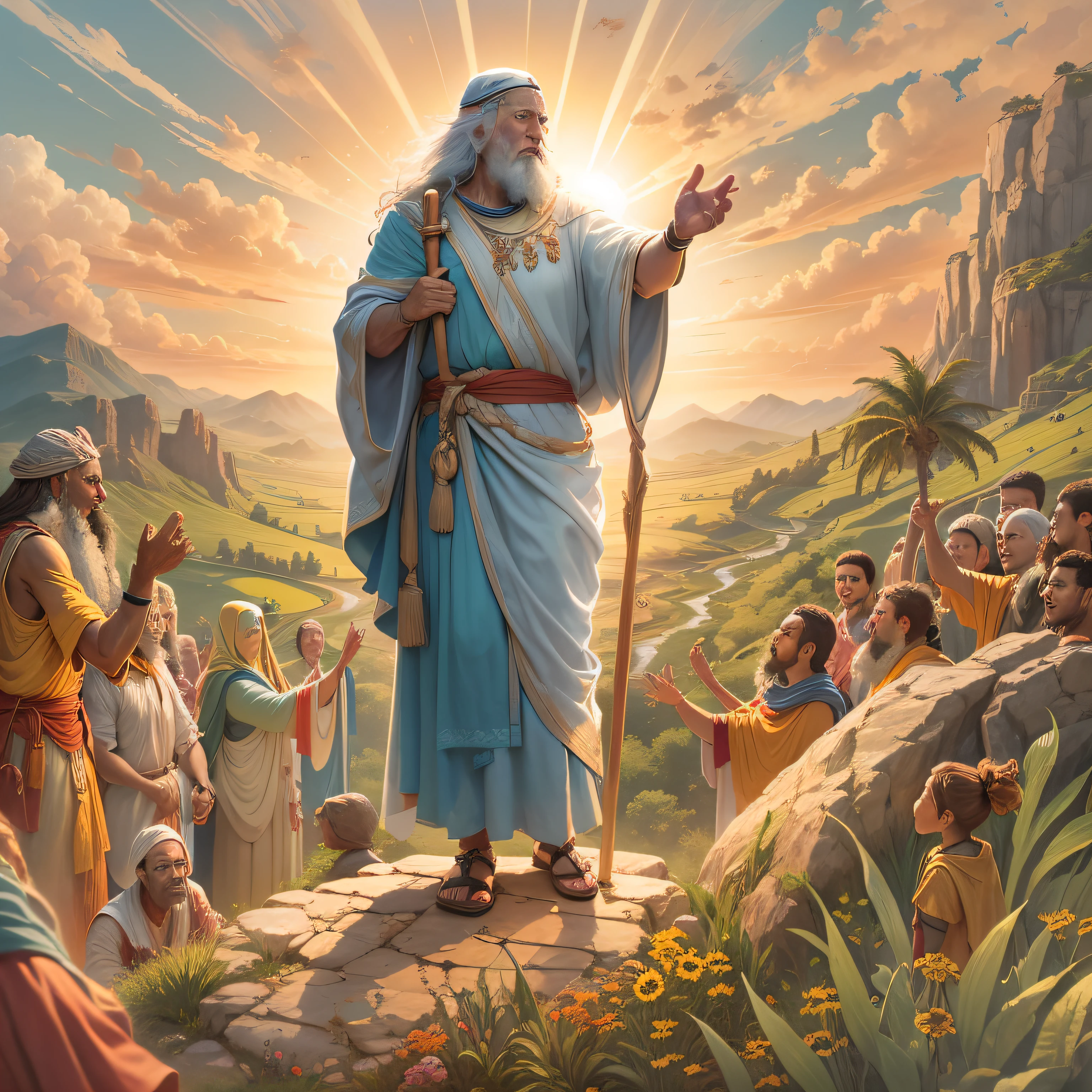 Draw an illustrative image of Moses as a figure of inspiration. The scenery is majestic and uplifting, with the sun shining in the blue sky and soft clouds in the background. Moses is pictured standing, em uma colina ou montanha, com um olhar sereno e determinado em seu rosto. He is dressed in his traditional clothes, holding the staff firmly in one hand and the other extended to the sky, as if he were leading his people through the divine voice. The Hebrew people are gathered around him, homens, Women and children, all looking at Moses with wonder and gratitude. Some people may be touching your robes or holding your hands as a sign of respect. No fundo, a Terra Prometida pode ser vista em toda a sua beleza, com colinas, Fertile rivers and fields, symbolizing the realization of the journey led by Moses. The scene conveys the idea of charismatic and inspiring leadership, singling out Moses as a spiritual guide and a reference figure for his people