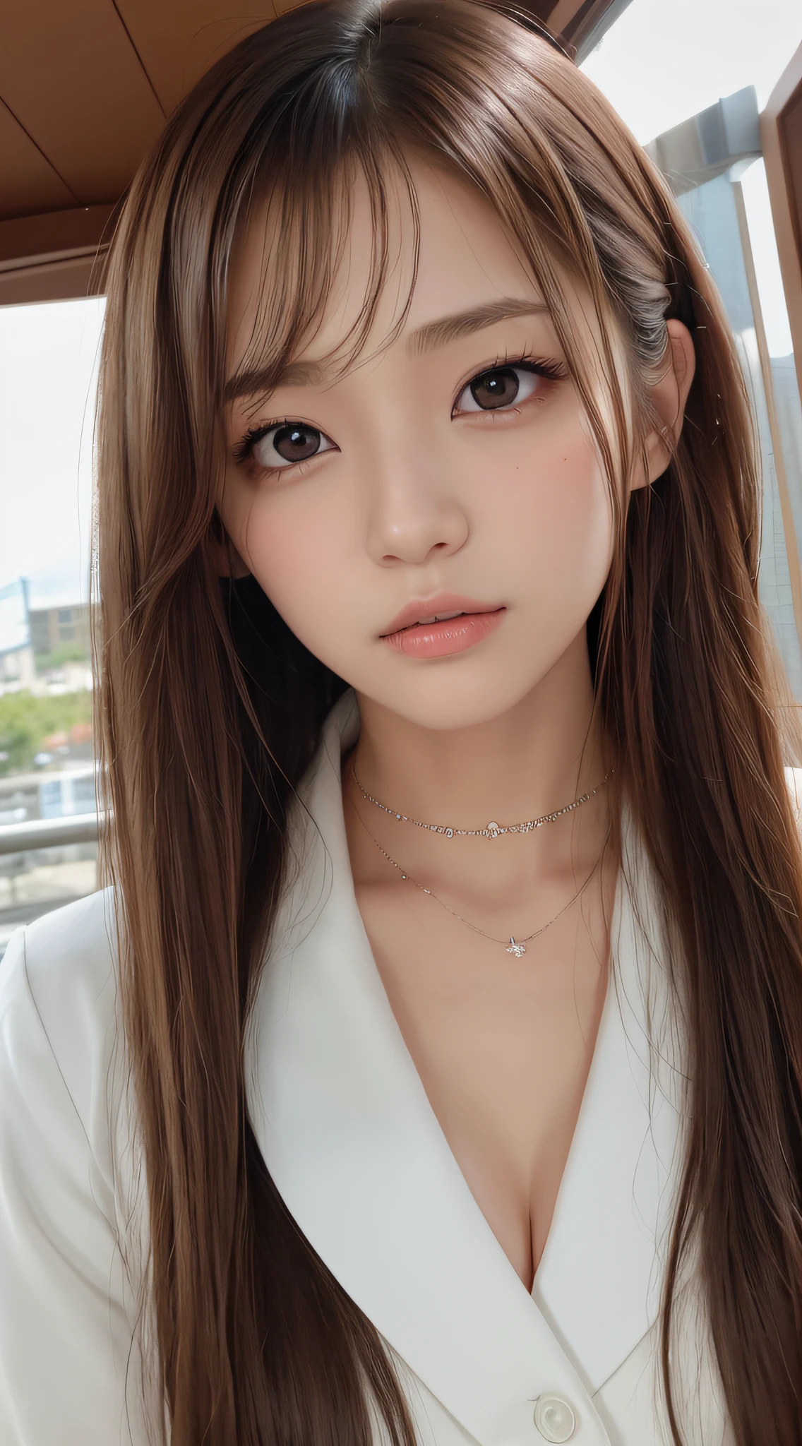 1womanl, (up of face:1.5), light brown hair, Blunt bangs, hair behind ear, hair over shoulder, Long hair, Ultra Fine Face, Thin face, Delicate lips, (beautidful eyes:1.5), thin blush, eyes are light brown,View here, (hands hide), formal jackets, a choker ,Port Area ,One-person viewpoint, 8K, masutepiece, nffsw, Super Detail, High quality, Best Quality, hight resolution,
