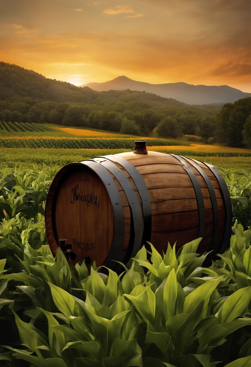 Design a logo for the brand Whiskey Encore. Include a barrel of whiskey that is leaking. Add corn plants as the background.