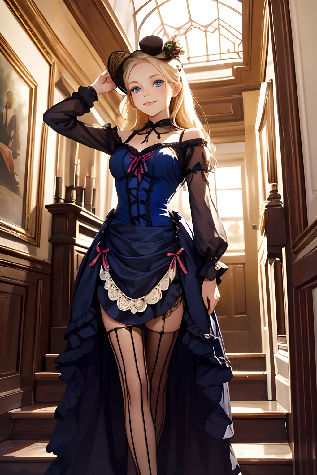 village realisticlying、Virginia Otis -yeld ble hair blue eyes、City of victorian age, Europe. aristocrat girl、Looking up from below、 wear long sleeve sheer fabric dress、Various dynamic  sexy poses、Face smile、cute face, Depicts the whole body、