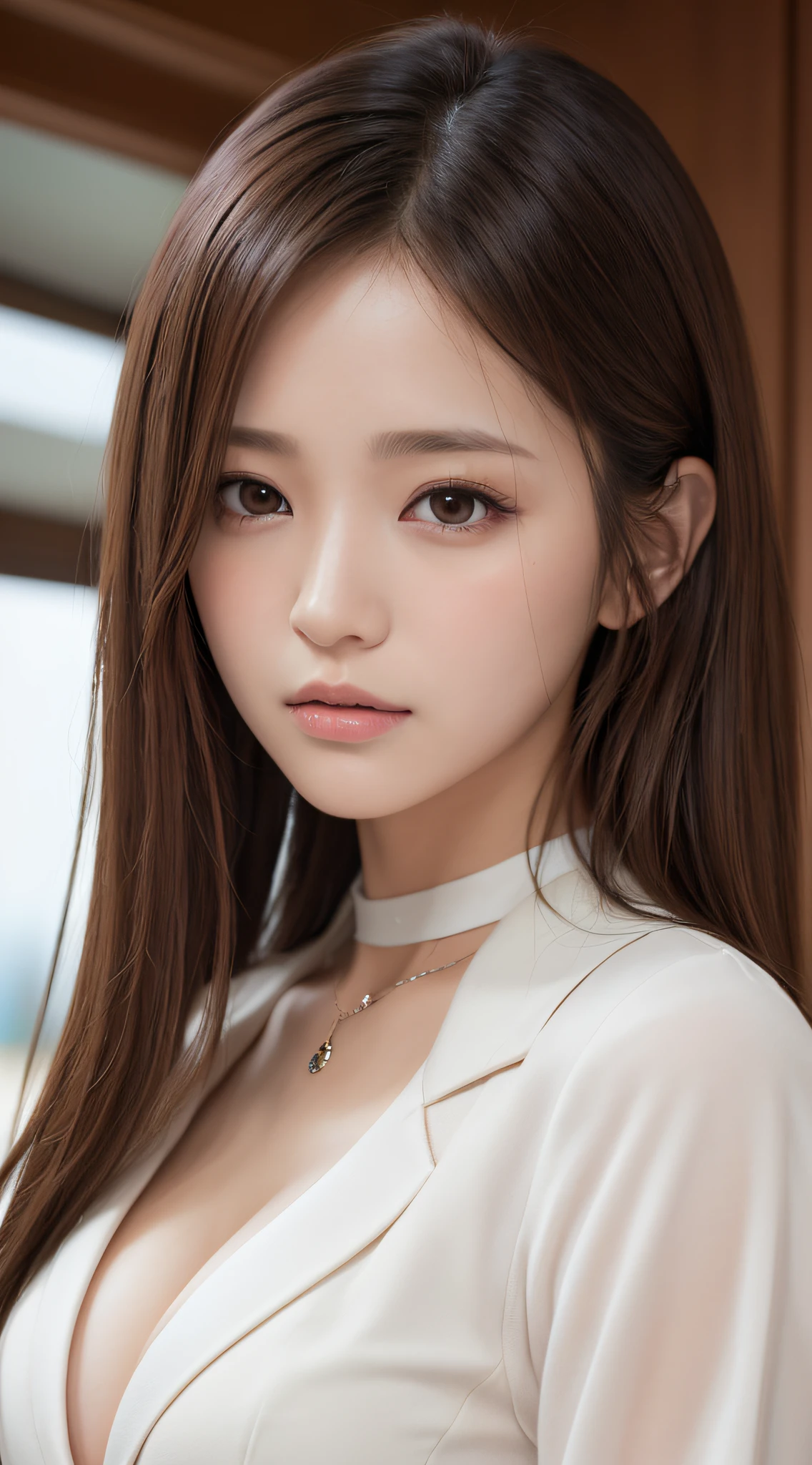 1womanl, (up of face:1.5), light brown hair, Blunt bangs, hair behind ear, hair over shoulder, Long hair, Ultra Fine Face, Thin face, Delicate lips, (beautidful eyes:1.5), thin blush, eyes are light brown,View here, (hands hide), formal jackets, a choker ,Port Area ,One-person viewpoint, 8K, masutepiece, nffsw, Super Detail, High quality, Best Quality, hight resolution,