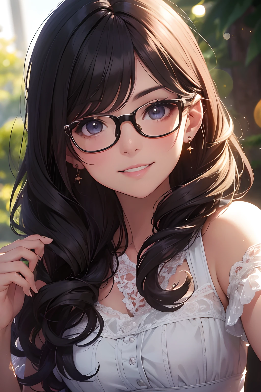 A face closeup shot of a cute, brokeh background, soft lighting, wear glasses, flirting smile, looking to viewers,, natural hair, fashionable hairstyles, in the style of glamour, Australian inspired, spectacular backdrops, uhd image, John La Farge, elegantly formal, highly detailed, high quality
