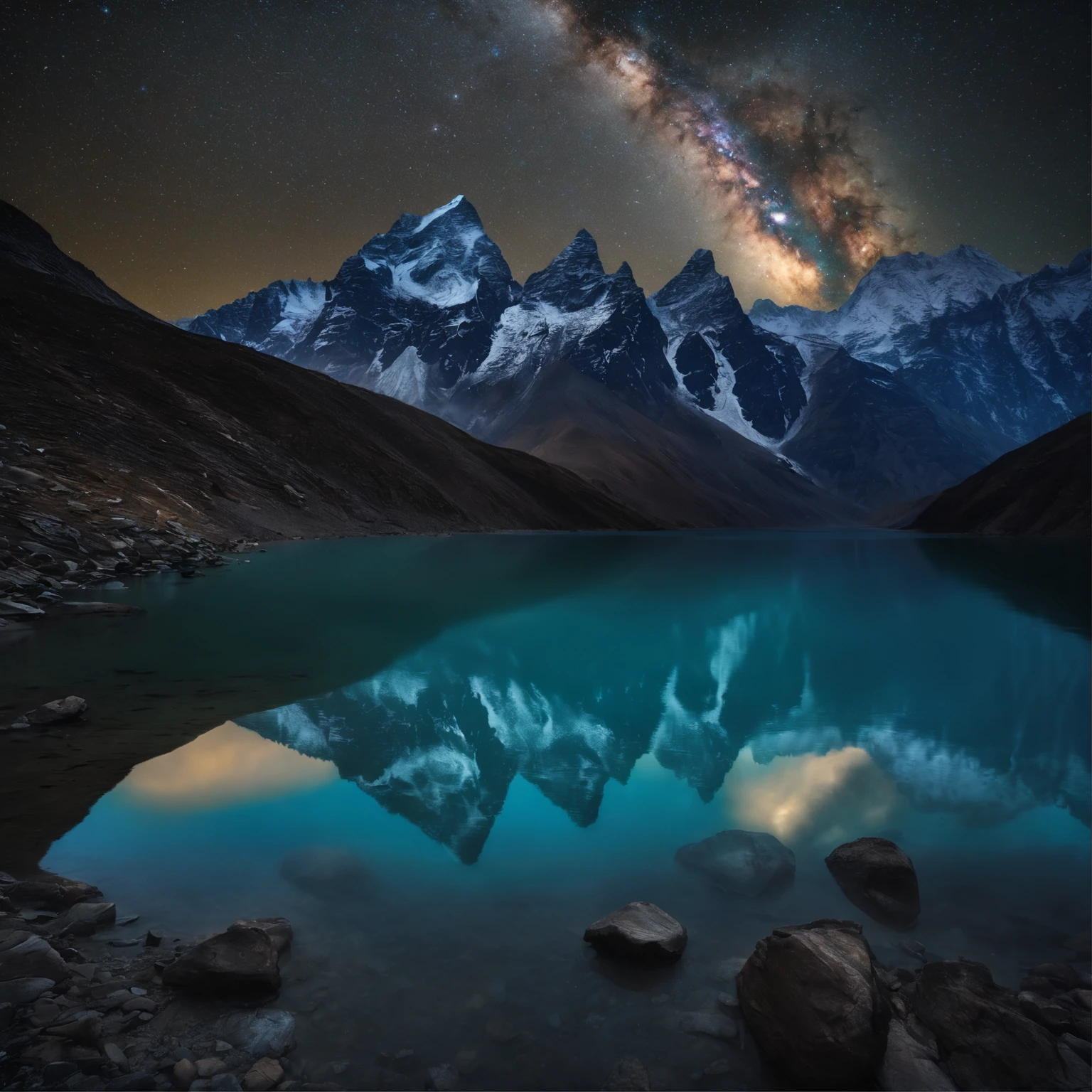 Master Parts、Superior Quality、superior image quality、The 8k quality、Beautiful pictures of the starry sky、magnifica、Arched Milky Way:1.9、Himalayas、Blue glowing lake:1.9