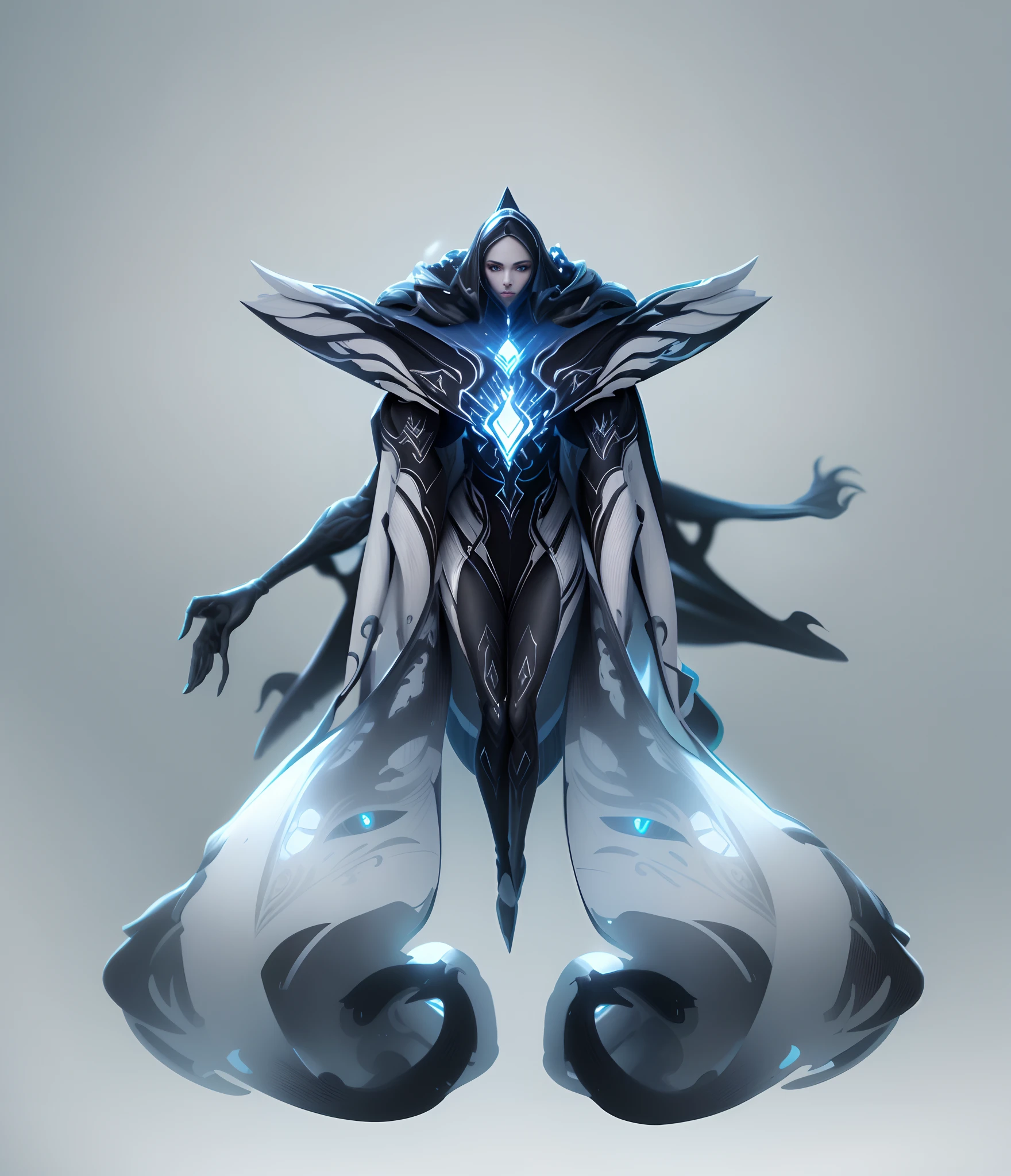 a black and white image of a woman with wings on her head, rsrs, arte conceitual demon soul, fanart warframe de alta qualidade, fanart detalhada do warframe, demon noble character design, simetria!! arte conceitual, Arte conceitual escura de alto contraste, symmetric concept art, conceito de corpo inteiro, arte infestada de warframe, Fanart Warframe requintada, cell shaded anime intricate