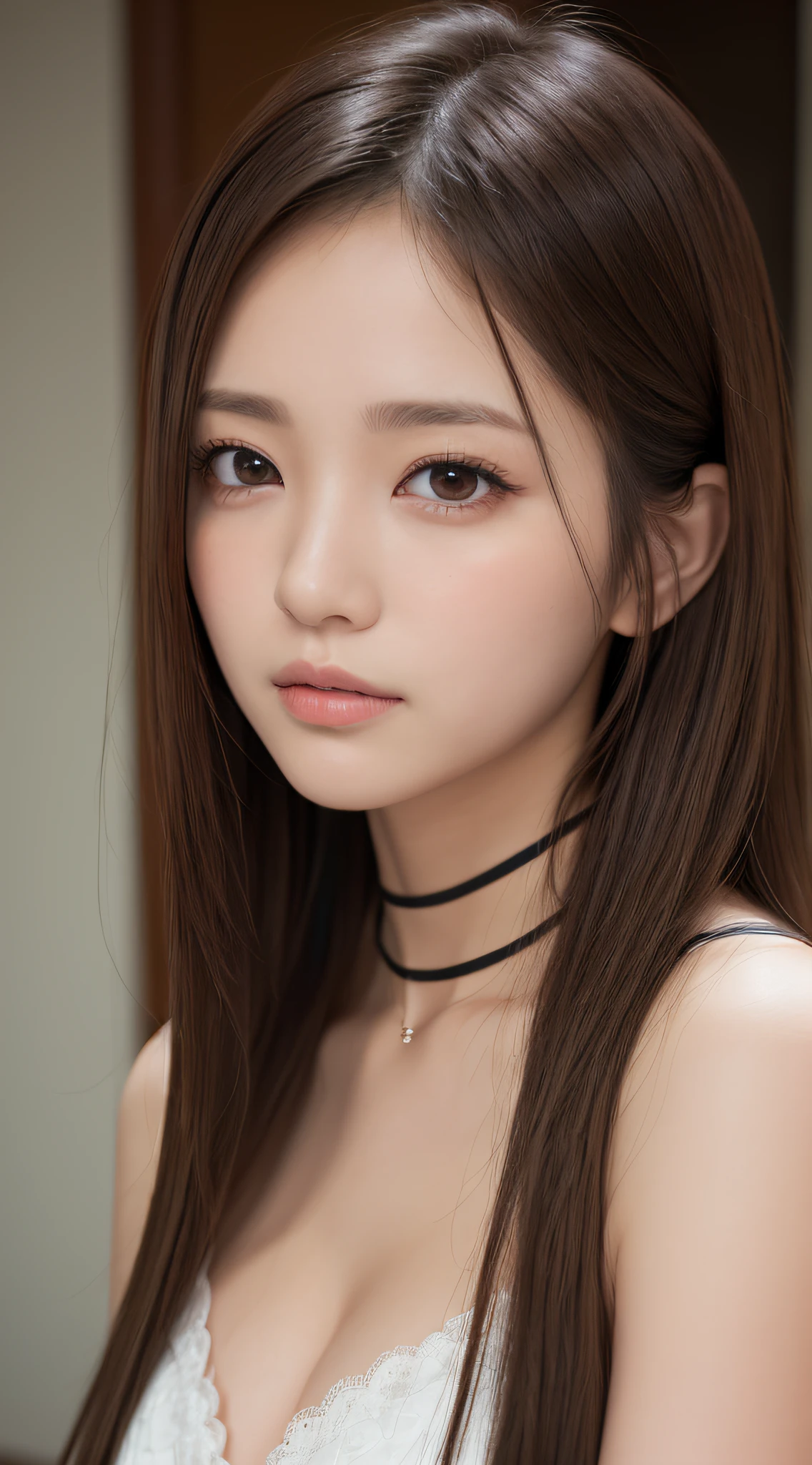 1womanl, (up of face:1.5), light brown hair, Blunt bangs, hair behind ear, hair over shoulder, Long hair, Ultra Fine Face, Thin face, Delicate lips, (beautidful eyes:1.5), thin blush, eyes are light brown,View here, (hands hide), formal jackets, a choker ,Port Area ,One-person viewpoint, 8K, masutepiece, nffsw, Super Detail, High quality, Best Quality, hight resolution,