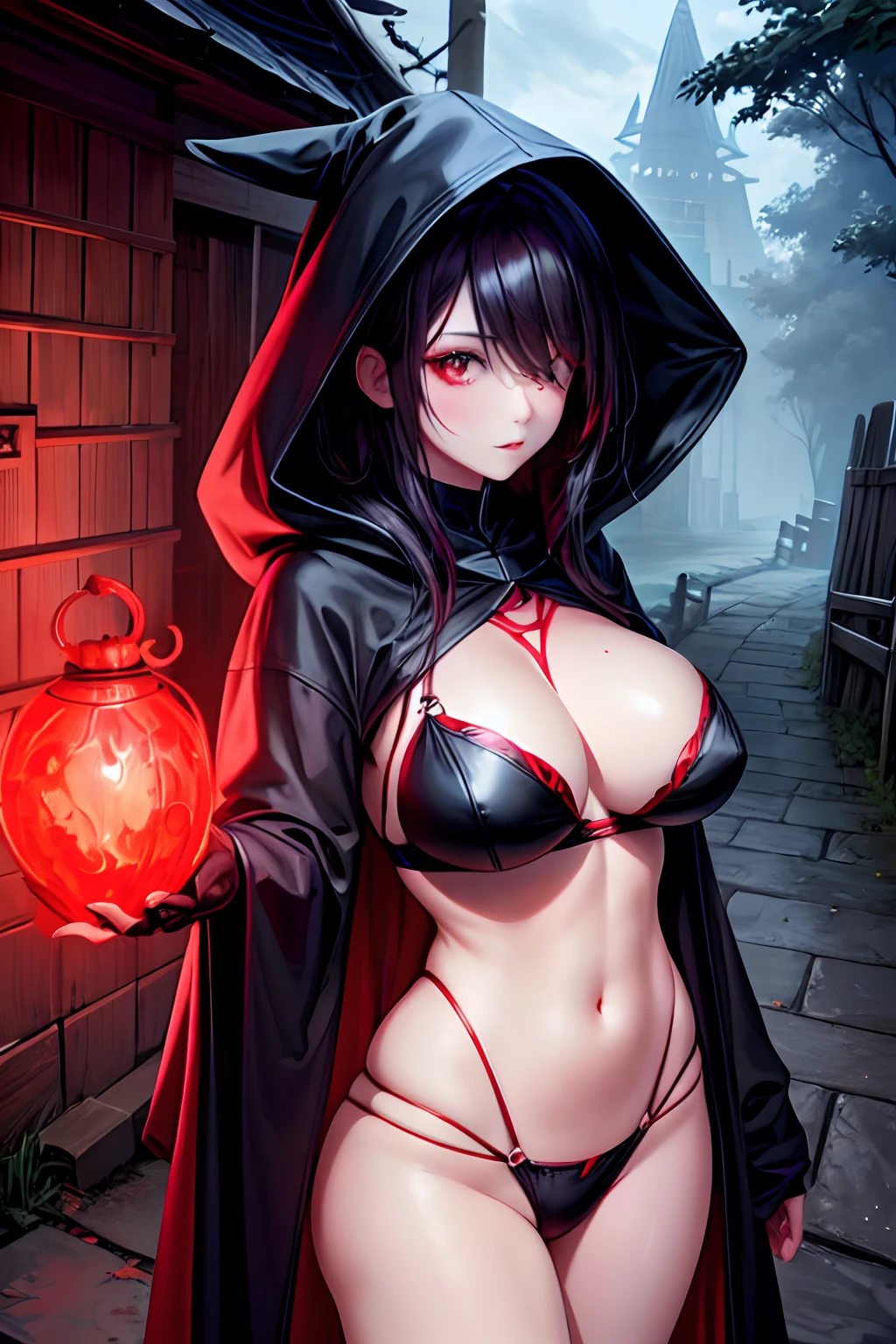 lighting like a movie、top-quality、the witch、Red-Black Symmetrical Costume、One eye is hidden、A dark-haired、Wearing a hood、Colossal tits、Exposed chest、Exposed thighs、Walk the village roads of a fantasy world、redPanties、