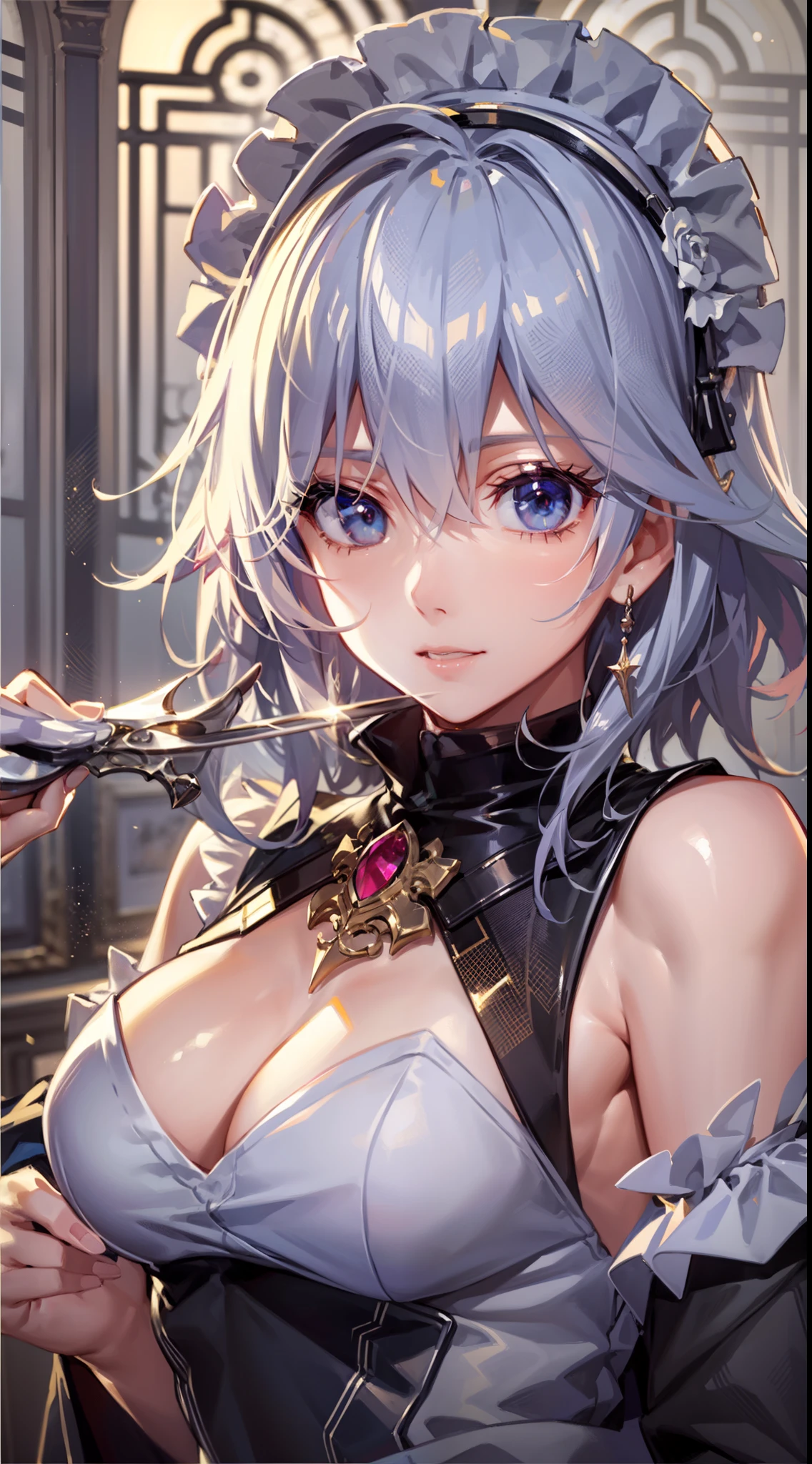 (Unity 16K Wallpaper, masutepiece, Best Quality, Ultra-detailed, extremely details CG, Cinematic lighting, Detailed, Beautiful detailed eyes, Solo),超A high resolution,Fine skin,A sexy,maid, maid apronl, Maid headdress,Holding a knife