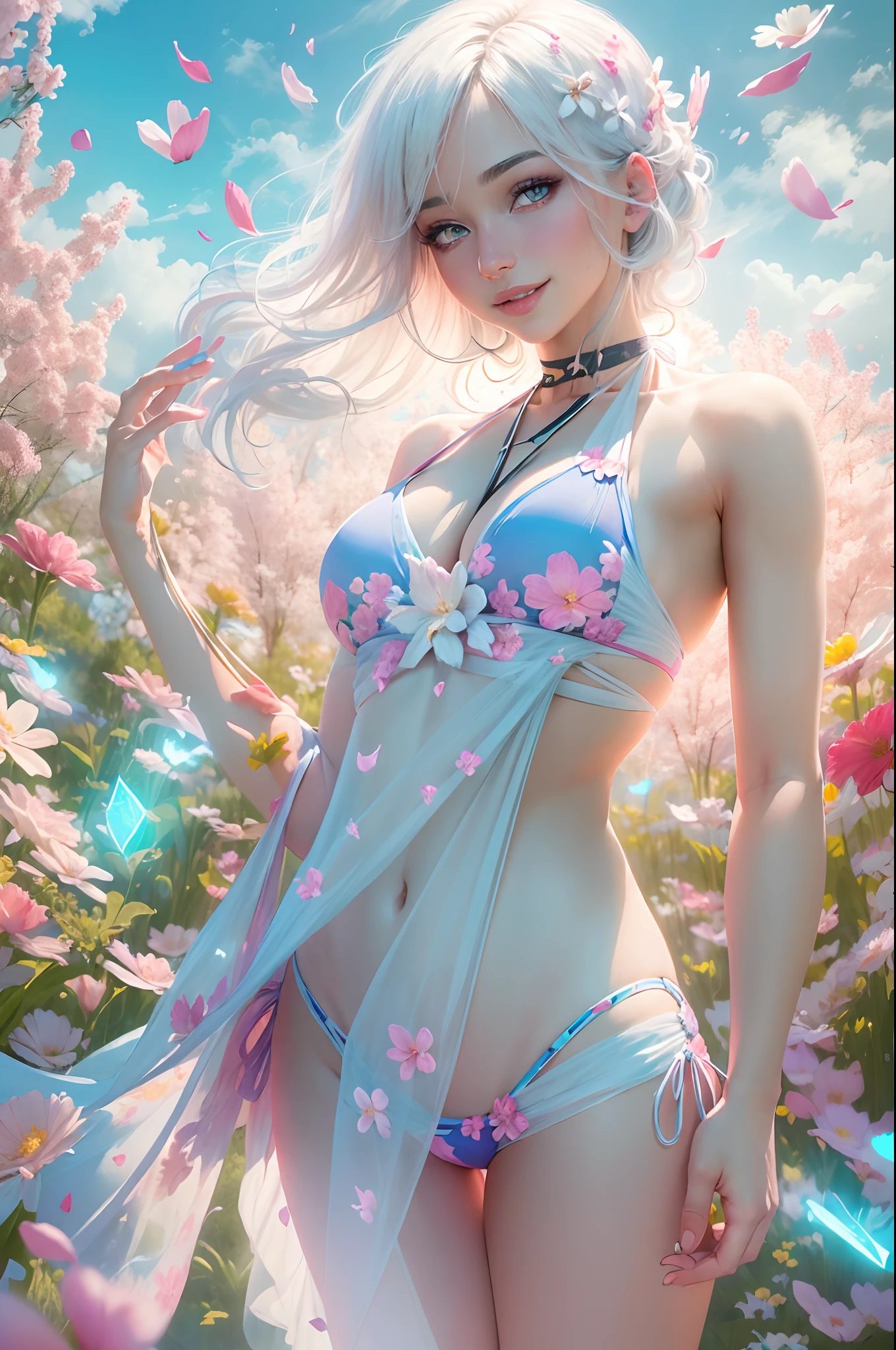 (NSFW),(((Sling bikini))),Masterpiece, Best quality, 1girll, (Colorful),(Delicate eyes and face), volumatic light, Ray tracing, Bust Up Shot ,Extremely detailed Cg Unity 8K wallpaper,Solo,Smile,((flying petal)),(Flowers meadow) sky, Blue sky, Sunny, Light, fantasy, ventania, magic sparks, White hair