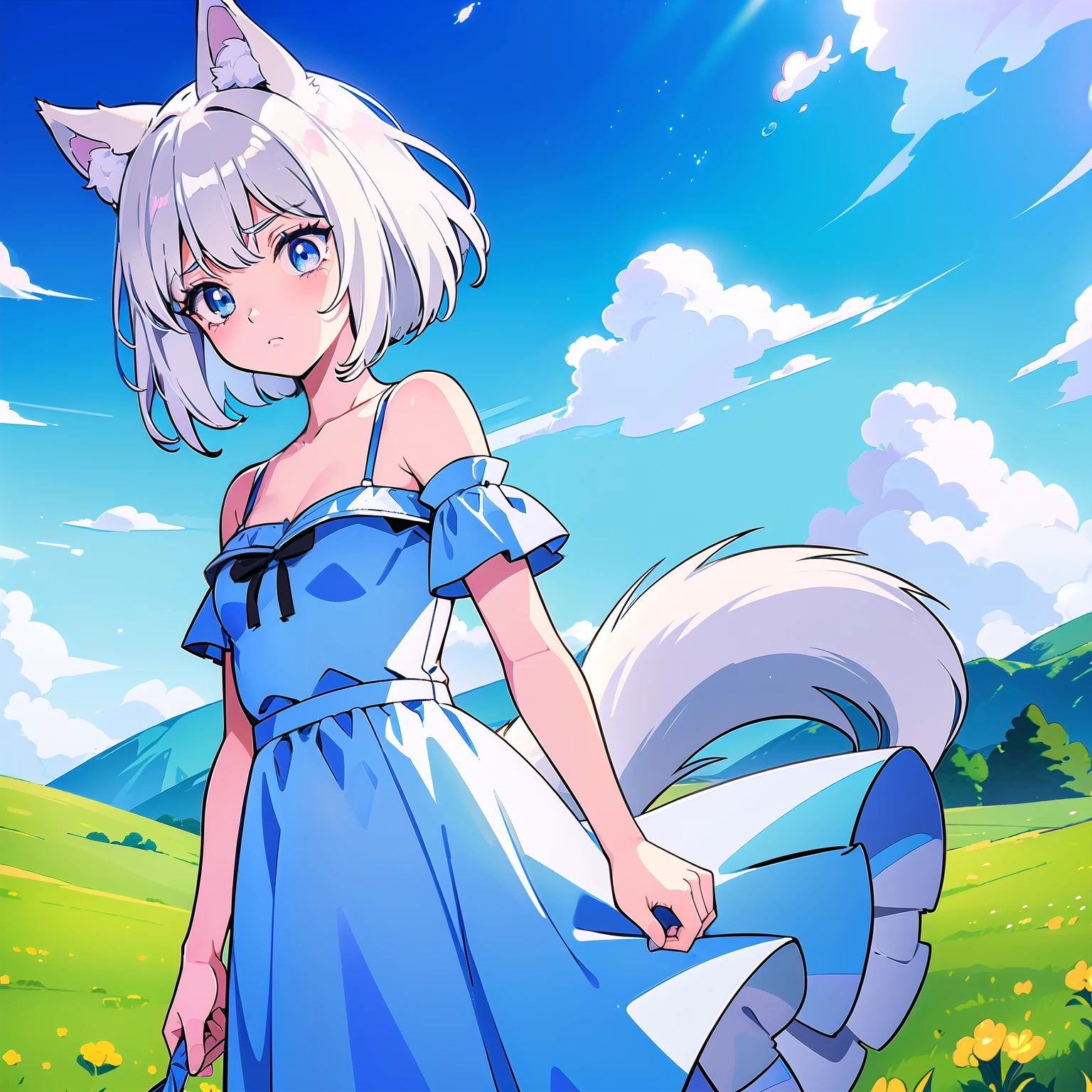 High quality, 1girl, ((((Candy Candy anime coloring)))), (wolf girl, wolf ears, wolf tail), animal ears, ((((short hair)))), ((silver white hair)), hair clip, ((hair tap eye)), ((blue eyes)), long eyeslashes, eyeliner, (((small breasts, long old west, long old dress, bare shoulders))), solo, ((standing)), ((worried, sad expression, melancholic, look blue eyes)), portrait, close-up, (field background, sky, clouds), face, closed_mouth, blush, anime_coloring, eyelashes, shiny, detailed shadows, detailded eyes, (((Manga style, Manga coloring))).