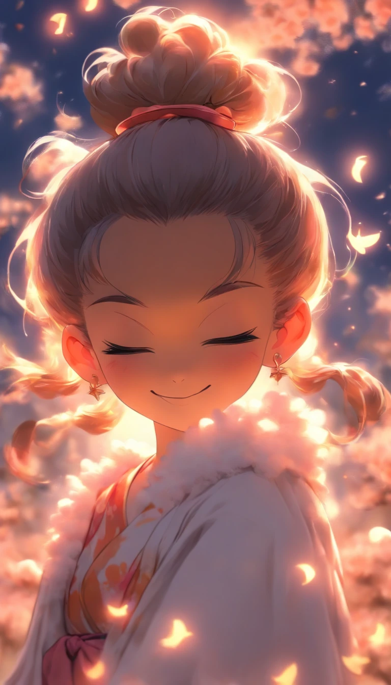 1girll, Moon, hair adornments, fullmoon, cloud, skyporn,Night, robe blanche, Solo, Smile, nigh sky, flower, Hugging a black rabbit, Hair Flower, flower petals, child, blush, Parted Lip, Black hair, Black rabbit, Cloudy sky, forehead mark, Black eyes, face markings, Upstyle, artist name, hair-bun, , Holding, Outdoors, Short hair, sleeves past wrists
