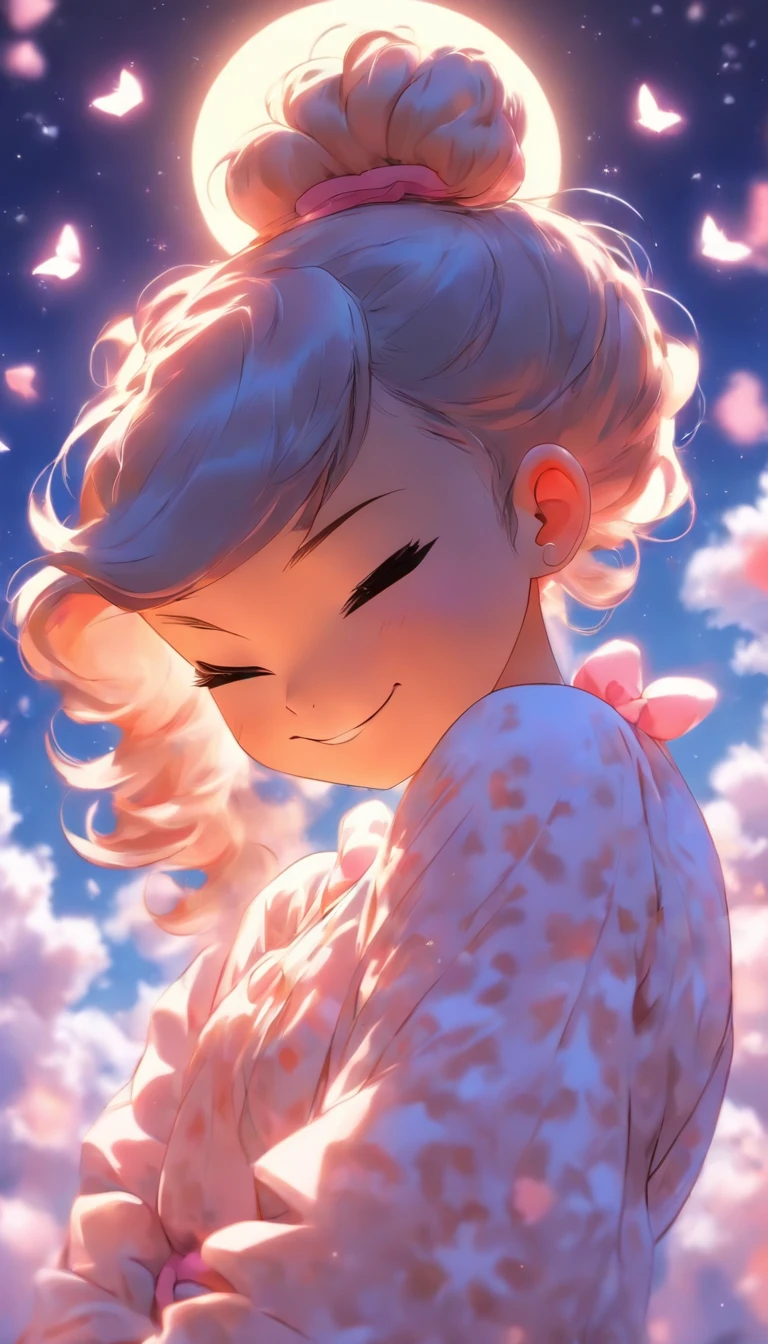 1girll, Moon, hair adornments, fullmoon, cloud, skyporn,Night, robe blanche, Solo, Smile, nigh sky, flower, Hugging a black rabbit, Hair Flower, flower petals, child, blush, Parted Lip, Black hair, Black rabbit, Cloudy sky, forehead mark, Black eyes, face markings, Upstyle, artist name, hair-bun, , Holding, Outdoors, Short hair, sleeves past wrists
