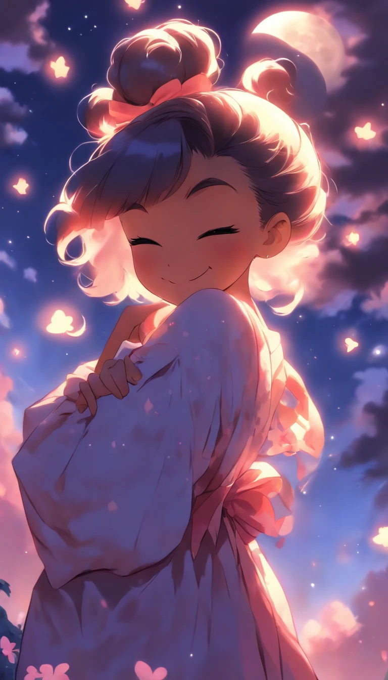 1girll, Moon, hair adornments, fullmoon, cloud, skyporn,Night, robe blanche, Solo, Smile, nigh sky, flower, Hugging a black rabbit, Hair Flower, flower petals, child, blush, Parted Lip, Black hair, Black rabbit, Cloudy sky, forehead mark, Black eyes, face markings, Upstyle, artist name, hair-bun, , Holding, Outdoors, Short hair, sleeves past wrists