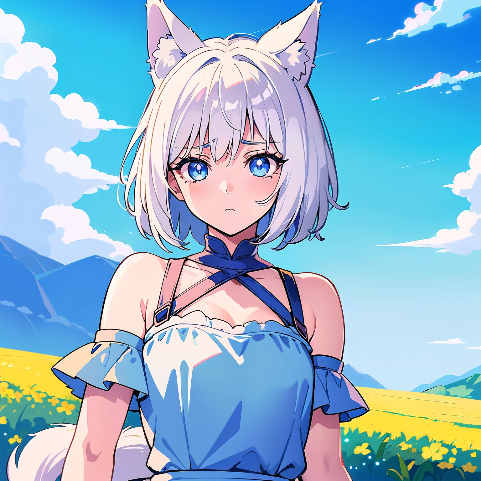 High quality, 1girl, ((((Candy Candy anime coloring)))), (wolf girl, wolf ears, wolf tail), animal ears, ((((short hair)))), ((silver white hair)), hair clip, ((hair tap eye)), ((blue eyes)), long eyeslashes, eyeliner, (((small breasts, long old west, long old dress, bare shoulders))), solo, ((standing)), ((worried, sad expression, melancholic, look blue eyes)), portrait, close-up, (field background, sky, clouds), face, closed_mouth, blush, anime_coloring, eyelashes, shiny, detailed shadows, detailded eyes, (((Manga style, Manga coloring))).