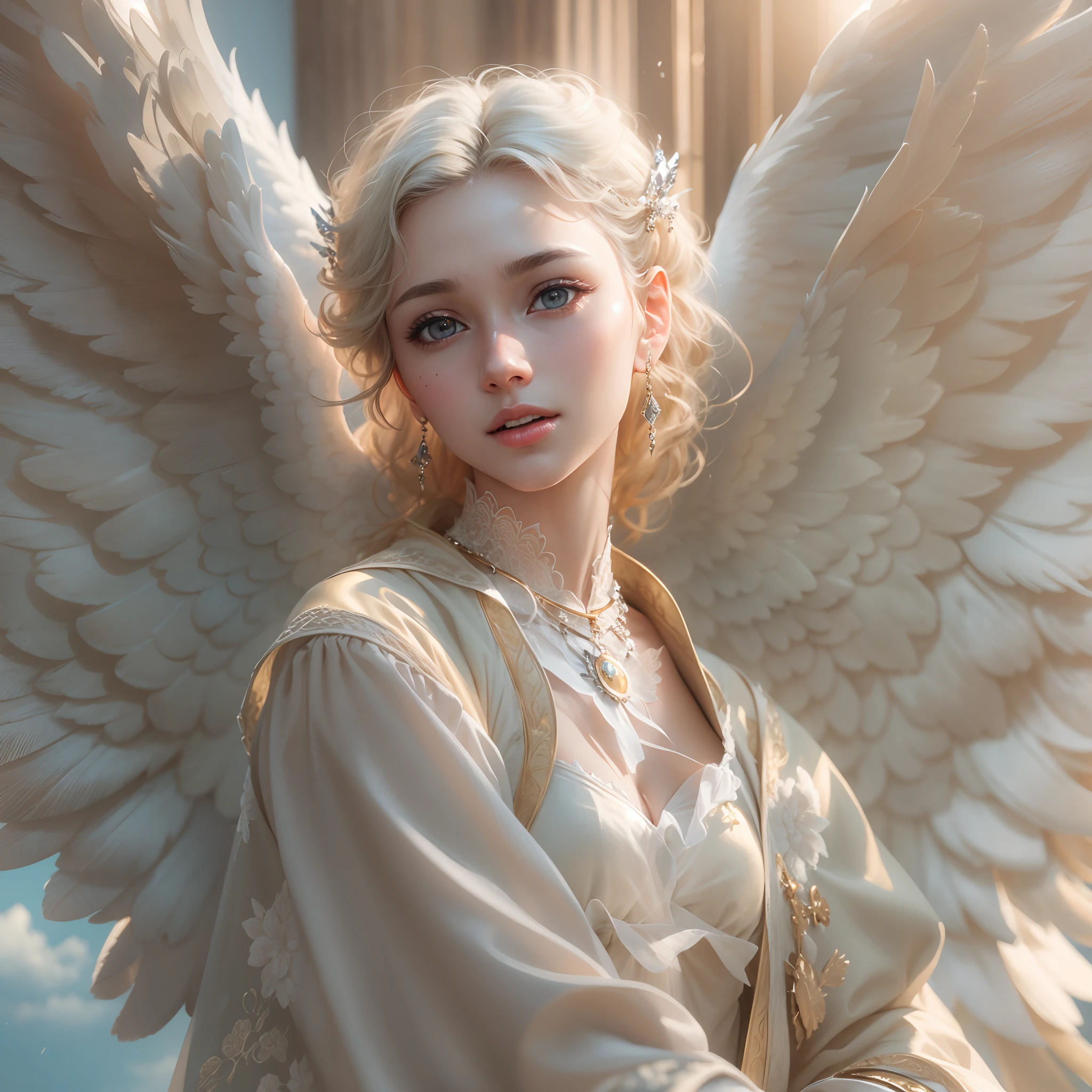 masterpiece, highest quality, 8k, real person, realistic, Very detailed CG, shiny skin, Fully focused, heaven, glory of god, shine, Angel, bless, happiness,