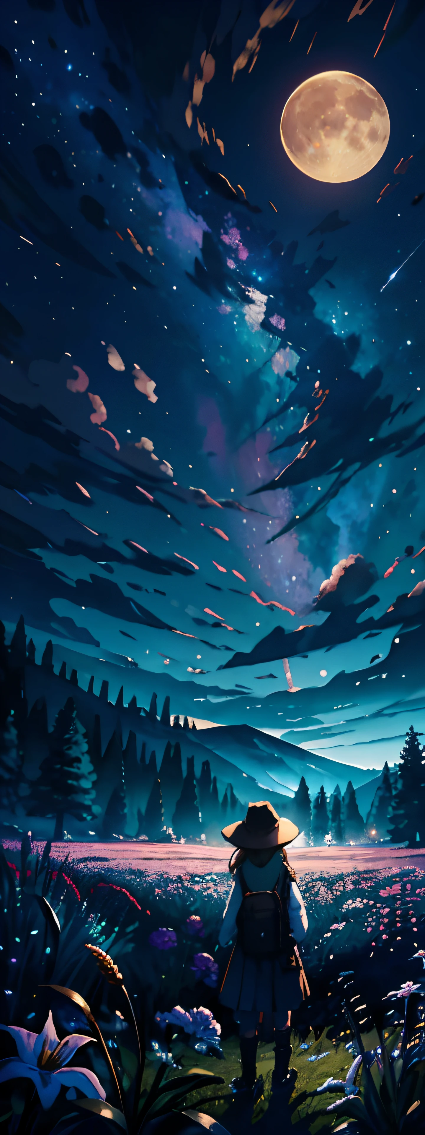 Expansive landscape photograph, (view from below with a view of the sky and the wilderness below), little girl standing in a flower field looking up, (full moon: 1.2), (shooting star: 0.9), (nebula: 1.3), distant mountain, tree break production art, (warm light source: 1.2), (firefly: 1.2), lamp, purple and orange, intricate detail, volume lighting BREAK (masterpiece: 1.2), (highest quality ), 4k, ultra-detailed, (dynamic configuration: 1.4), highly detailed and colorful details (iridescent: 1.2), (sparkling lighting, atmospheric lighting), dreamy, magical, (solo: 1.2)