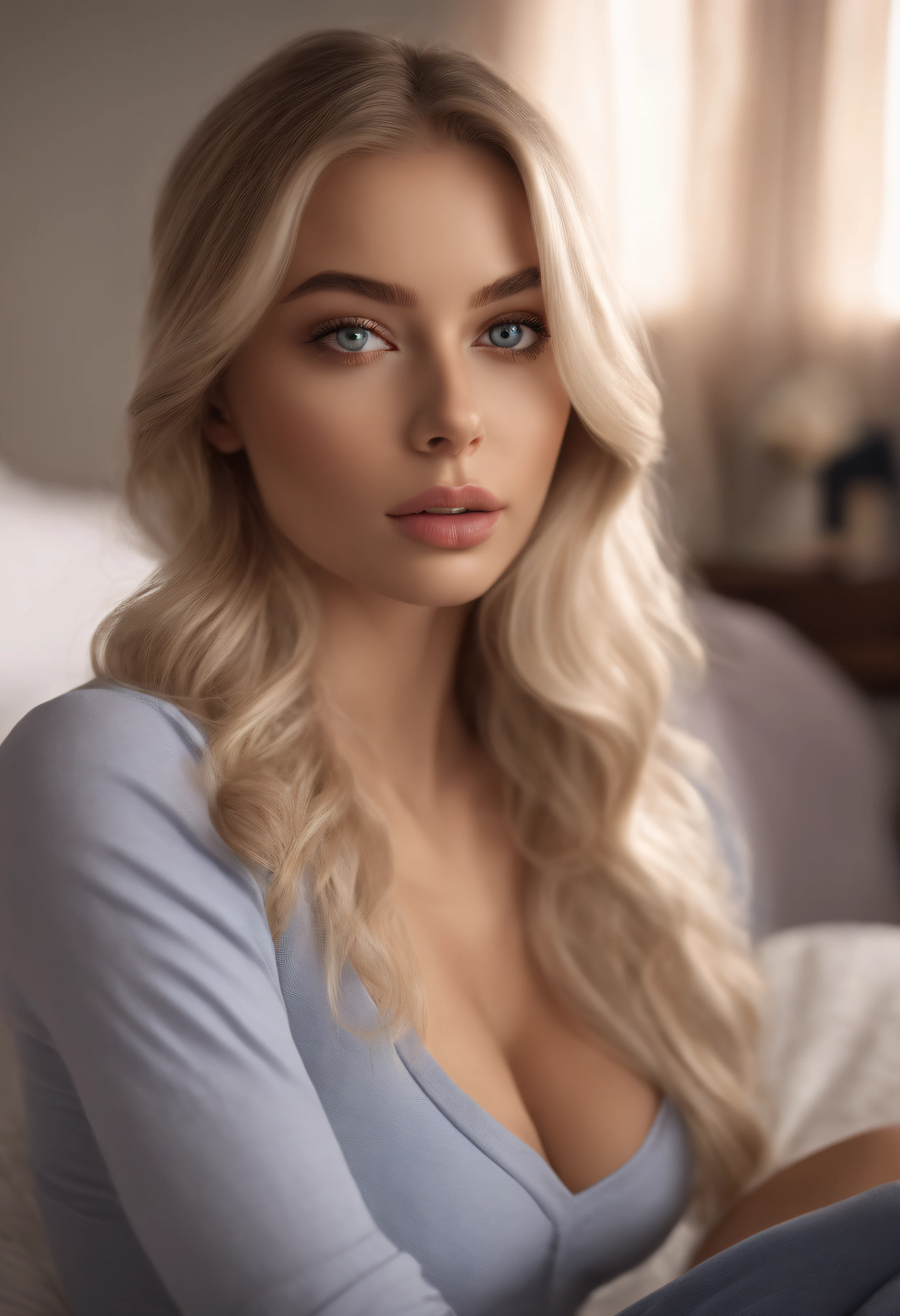 arafed woman fully , sexy girl with blue eyes, ultra realistic, meticulously detailed, portrait sophie mudd, blonde hair and large eyes, selfie of a young woman, bedroom eyes, violet myers, without makeup, natural makeup, looking directly at the camera, face with artgram, subtle makeup, stunning full body shot kneeling on bed, in bedroom, medium to large size bust
