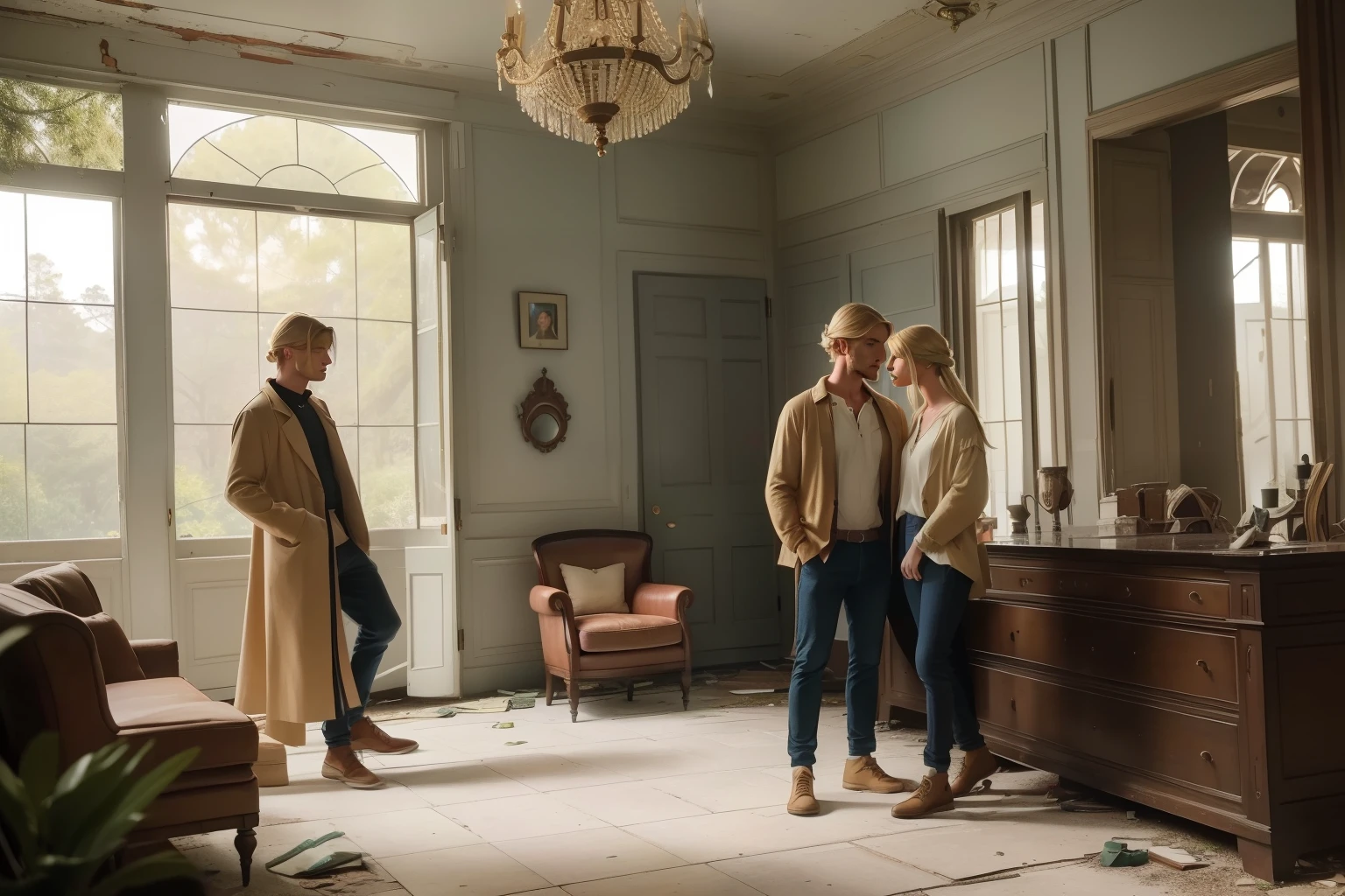 Year: 2023. Location: Augusta, Georgia. pre-raphaelite blonde woman with her ((male friend)), looking at an ((abandoned furnished)) plantation mansion in ((awe)), ((2020s casual comfie clothes)) ((2020s hairstyle)) ((in the style of "OMITB")) ((cinematic style))