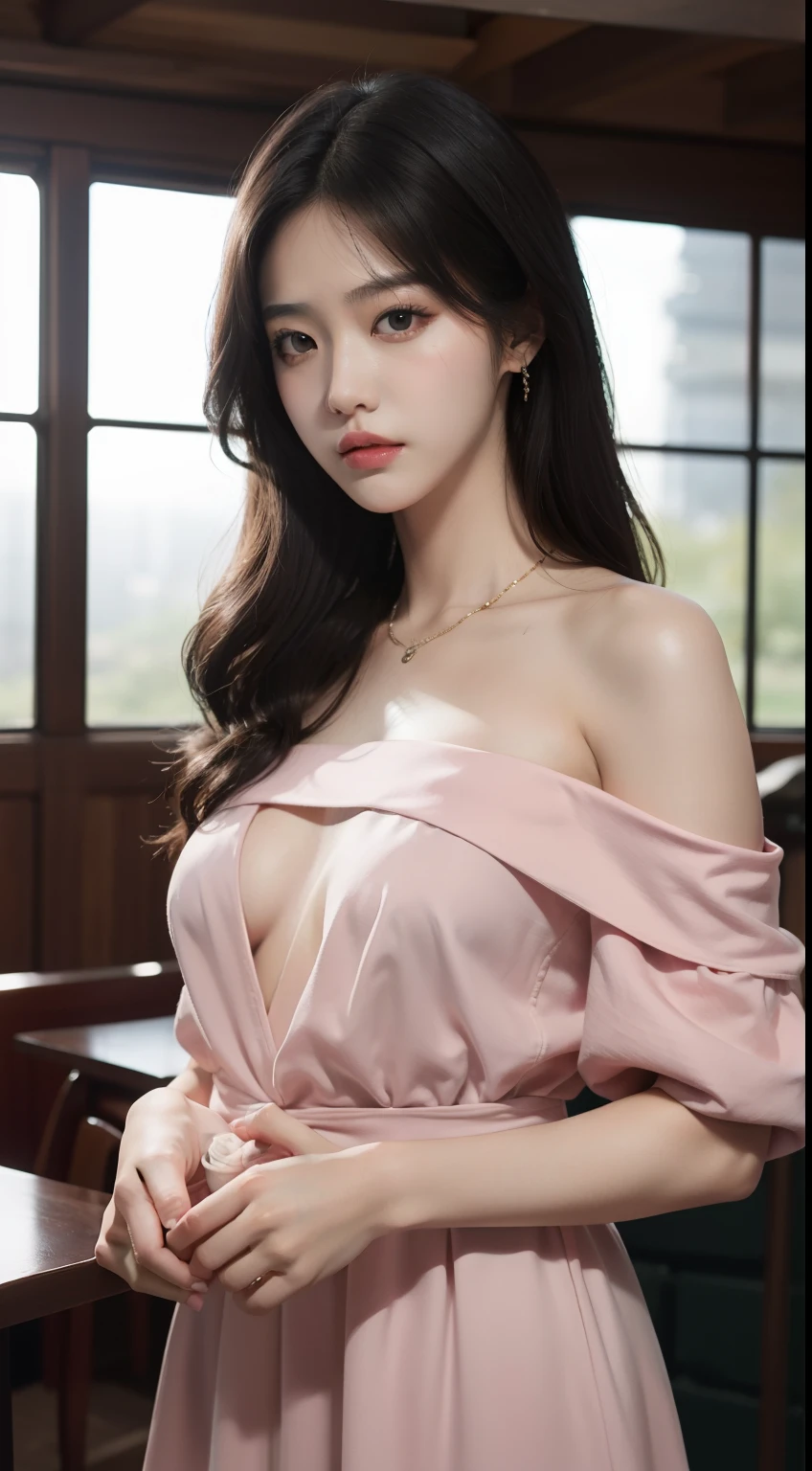 best qualityer, Masterpieces, Super high resolution, (photograph realistic:1.5), Original image,Pink dress ,Korean 1girl, offshoulder, In the dark, deepshadow, low tune, Cold light, Sexy look, long whitr hair,Cafe,pretty,lim light