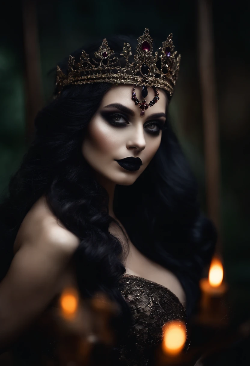 Mujer mirando a camara, Long dark purple hair, ojos rojos con una luz brillante, vestido largo abierto negro, bruja, Joyas de plata en forma de costillas, Metal mask on half of the face, Black lipstick young witch looking at camera, de cuerpo entero, hermosa, imagen superrealista, detalles en cara y piel. fondo oscuro estilo fluo y velas encendidas