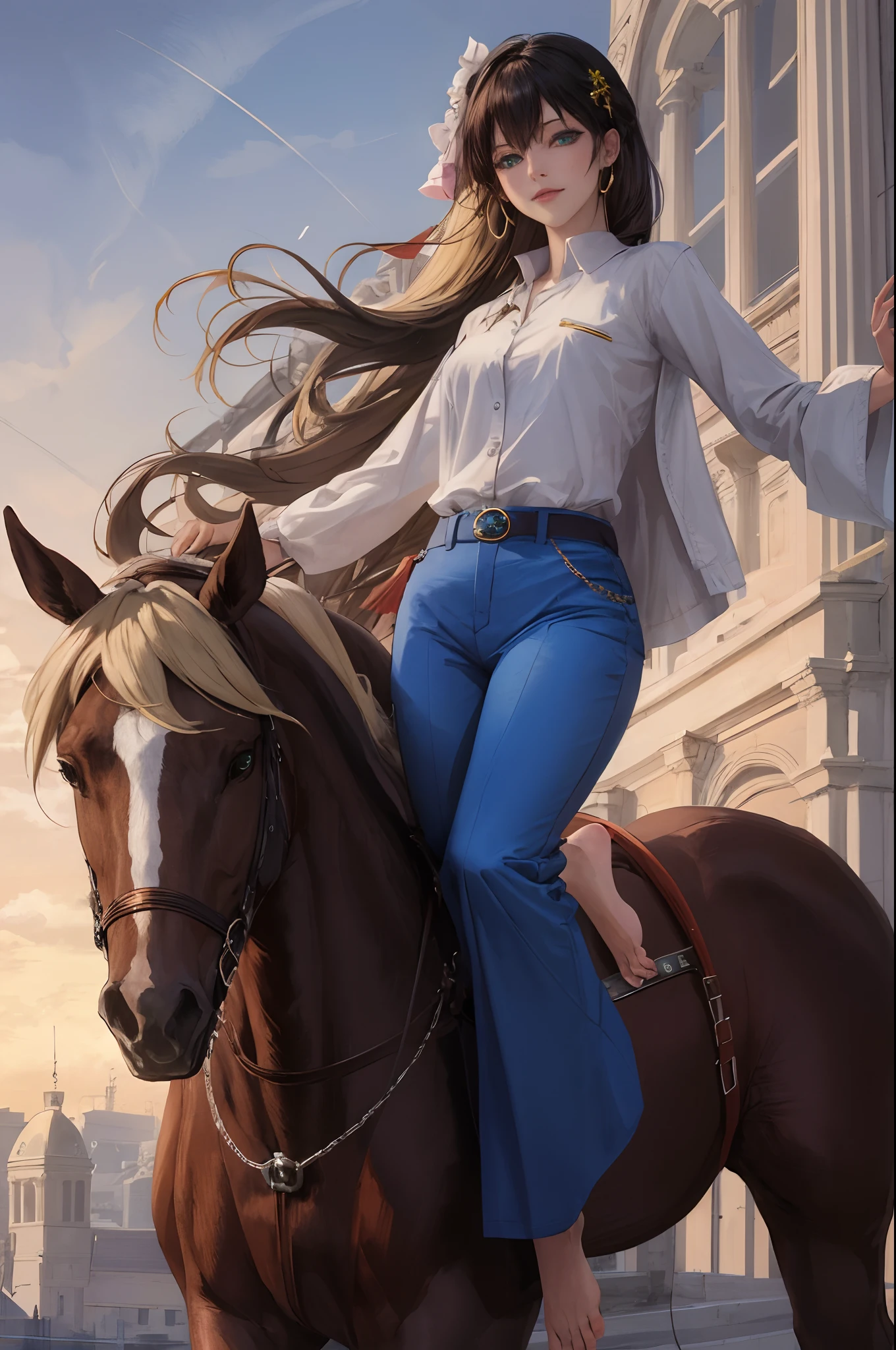 ember,blond hairbl,dual horsetail,blue surcoat,blue trouser,Green eyes,Barefoot,singers,Black hairpin