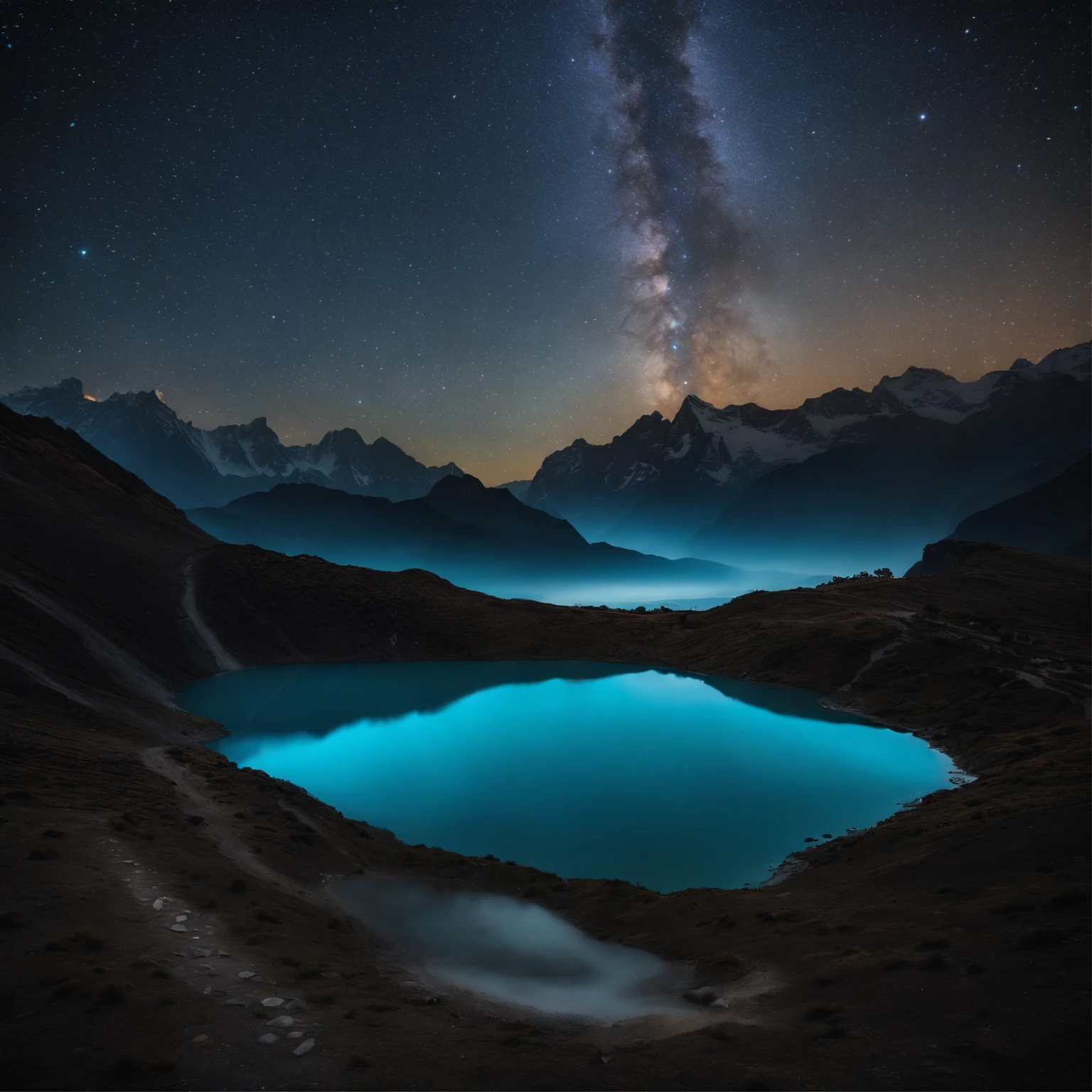 Master Parts、Superior Quality、superior image quality、The 8k quality、Beautiful pictures of the starry sky、magnifica、Arched Milky Way:1.9、Himalayas、Blue glowing lake:1.9