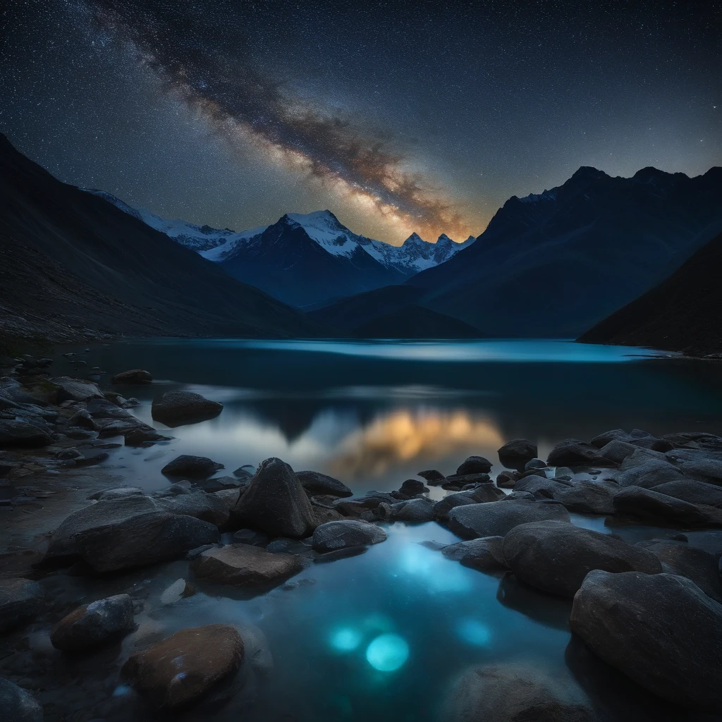Master Parts、Superior Quality、superior image quality、The 8k quality、Beautiful pictures of the starry sky、magnifica、Arched Milky Way:1.9、Himalayas、Blue glowing lake:1.9