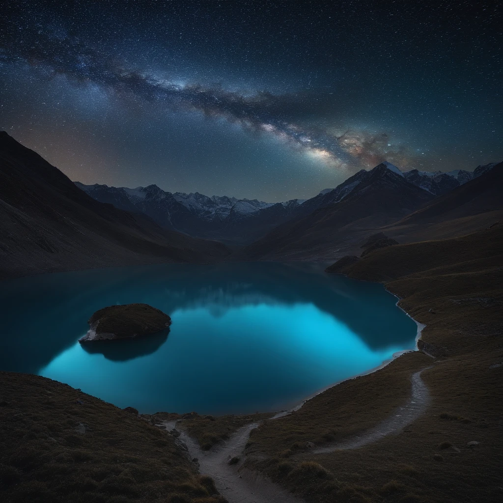 Master Parts、Superior Quality、superior image quality、The 8k quality、Beautiful pictures of the starry sky、magnifica、Arched Milky Way:1.9、Himalayas、Blue glowing lake:1.9