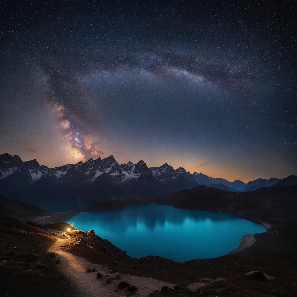 Master Parts、Superior Quality、superior image quality、The 8k quality、Beautiful pictures of the starry sky、magnifica、Arched Milky Way:1.9、Himalayas、Blue glowing lake:1.9