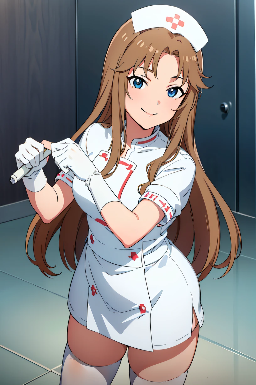 matsumoto sarina, long hair, brown hair, blue eyes, solo, nurse, ((white nurse cap, white nurse's outfit)), ((white legwear, zettai ryouiki)), white gloves, smile, standing, hospital room, sharp outline, short sleeves, best quality, masterpiece