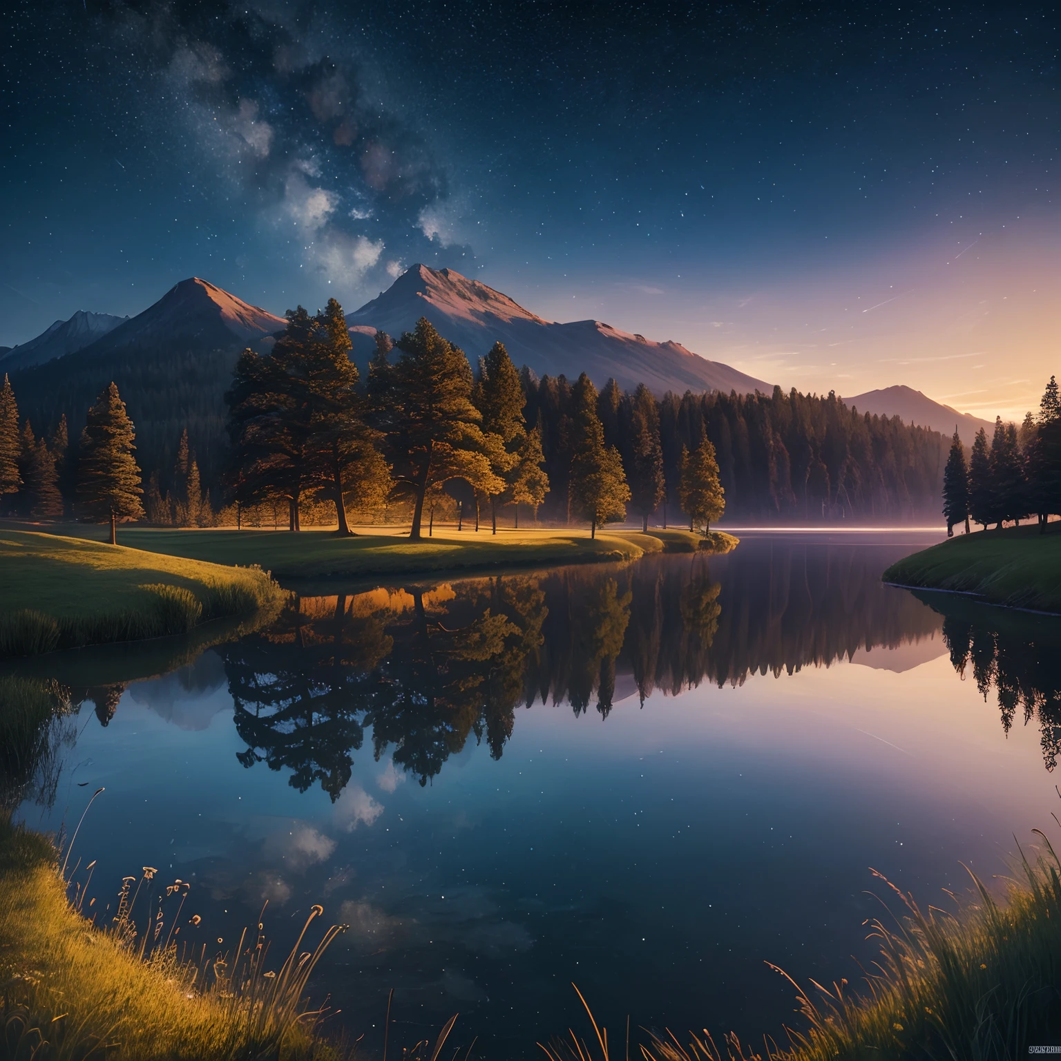 (best quality,4k,8k,highres,masterpiece:1.2),ultra-detailed,realistic,landscape,painting,nature,stars,starry sky,moonlit,tranquil,natural,scenic view,serene atmosphere,fine art,impressionistic style,vivid colors,detailed trees,lake reflection,majestic,peaceful,calm,beautifully illuminated scene,ethereal,harmony between light and dark,wispy clouds,subtle hues,soft brushstrokes,majestic landscape,serenity of the night,spectacular panorama,awe-inspiring,awe-inspiring beauty.