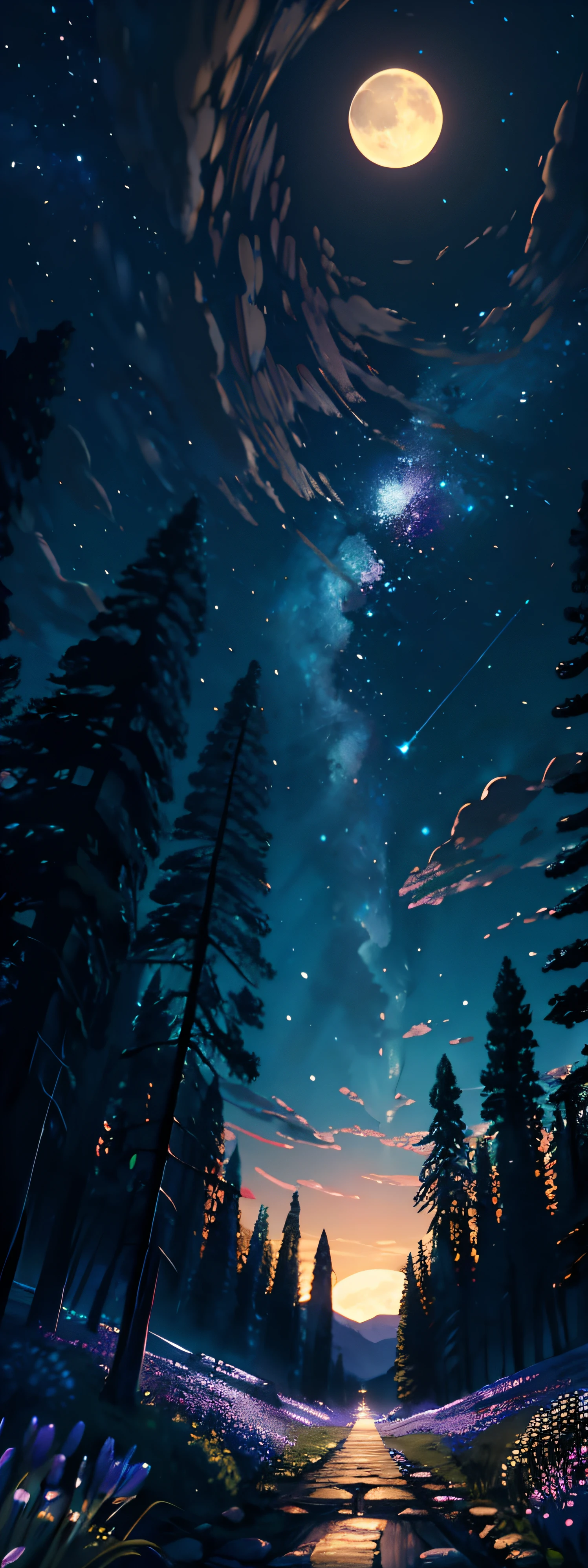 Expansive landscape photograph, (view from below with a view of the sky and the wilderness below), girl standing in a flower field looking up, (full moon: 1.2), (shooting star: 0.9), (nebula: 1.3), distant mountain, tree break production art, (warm light source: 1.2), (firefly: 1.2), lamp, purple and orange, intricate detail, volume lighting BREAK (masterpiece: 1.2), (highest quality ), 4k, ultra-detailed, (dynamic configuration: 1.4), highly detailed and colorful details (iridescent: 1.2), (sparkling lighting, atmospheric lighting), dreamy, magical, (solo: 1.2)