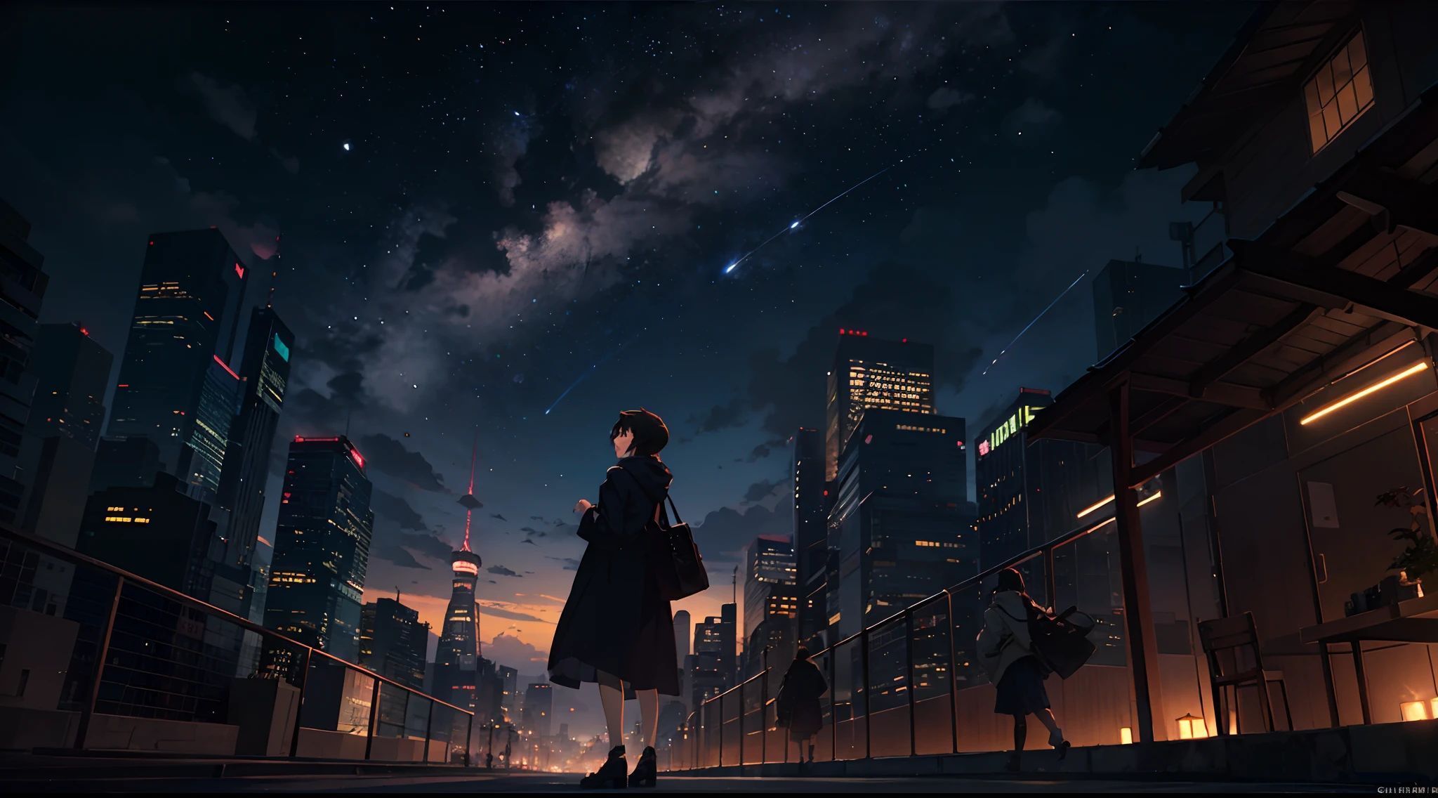 夏天,Makoto Shinkai's concept art,Tumbler,magic realism,beautiful anime scenes,beautiful sky。By Makoto Shinkai,((Shinkai sincerely)),Anime background art,anime backgrounds,Makoto Shinkai's style,anime movie backgrounds,the milky way express,without humans,Skyscrapers ,Look up --v6