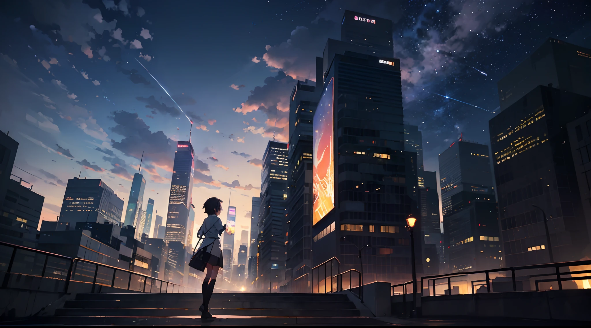 夏天,Makoto Shinkai's concept art,Tumbler,magic realism,beautiful anime scenes,beautiful sky。By Makoto Shinkai,((Shinkai sincerely)),Anime background art,anime backgrounds,Makoto Shinkai's style,anime movie backgrounds,the milky way express,without humans,Skyscrapers ,Look up --v6