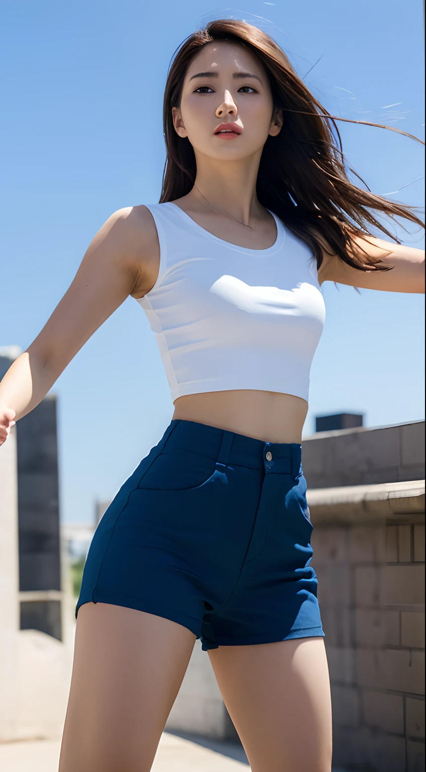 ((Realistic lighting, Best quality, 8K, Masterpiece: 1.3)), Clear focus: 1.2, 1girl, Perfect Figure: 1.4, Slim Abs: 1.1, ((Dark brown hair)), (White crop top: 1.4), (Outdoor, Night: 1.1), City streets, Super fine face, Fine eyes, Double eyelids, full body, Kicking the neck, shorts, high chest kick, Action, side kick, Background blue sky, BG blue sky.